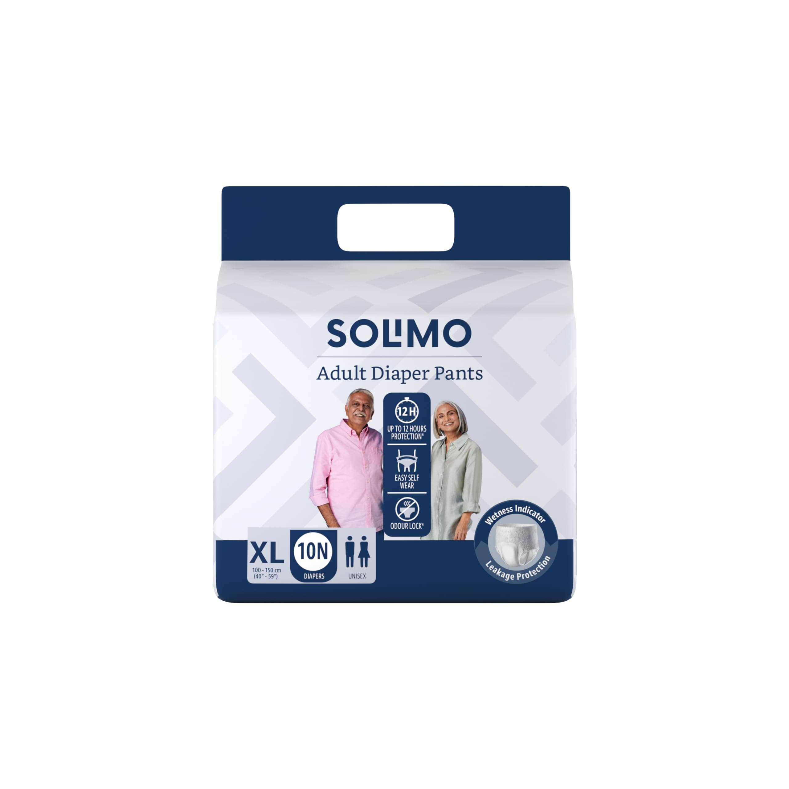 Amazon Brand - Solimo Adult Diapers Pant Style | Extra Large (XL) Size | 10 Count | Waist 100-150 CM (40''-59'') | With Fast Absorption, Leak Proof, Unisex