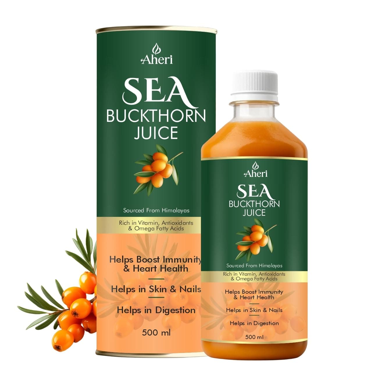 AHERI Sea Buckthorn Juice 500 ML | Herbal Buckthorn Berry Juice with Natural Vitamin C, Omega 3 6 7 9 Supplement & Antioxidants | Herbal Supports for Immunity, Skin Glow & Gut Health - (Pack of 1)