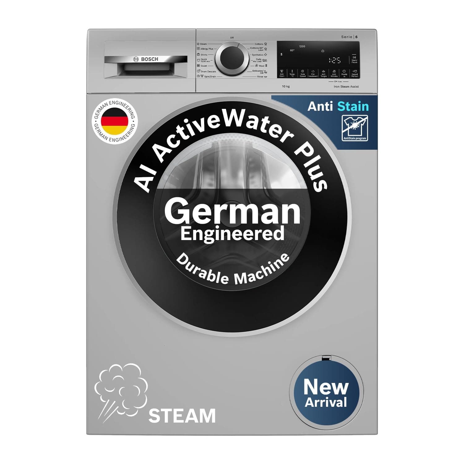 Bosch 10 kg 5 Star Front Load Fully-Automatic Washing Machine, Iron Steam Assist, AI ActiveWater Plus, Pretreatment, Anti Stain, In-Built Heater, Allergy Plus, Silver, WGA252ZSIN