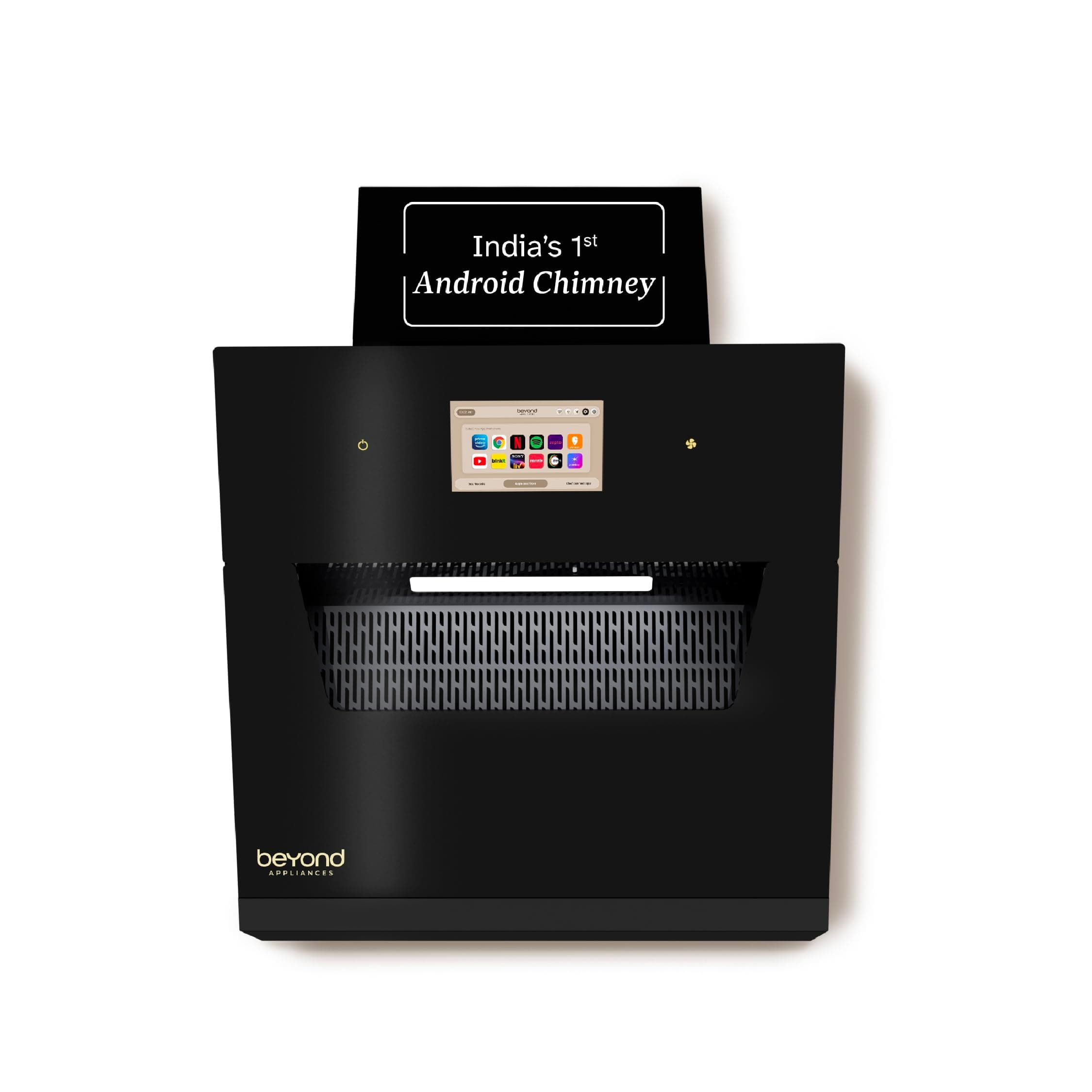 Beyond Appliances Eris 60cm Auto Clean Slant Kitchen Chimney | 1500 CMH Suction | Filterless | Smart Touchscreen Display | Touch Control | Black | PAN INDIA SERVICE