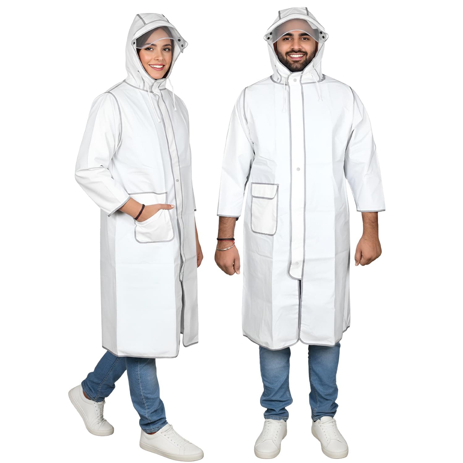 Hacer Unisex Rain Coat 370GSM with Universal Hooded Full Sleeves Waterproof Lightweight Outdoor Bike Raincoat for Men & Women Camping Hiking and Travelling (2XL, White)