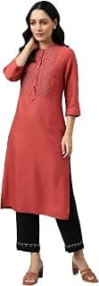 W for Woman Women's Rayon Straight Fit Brick Embroidered Straight Kurta