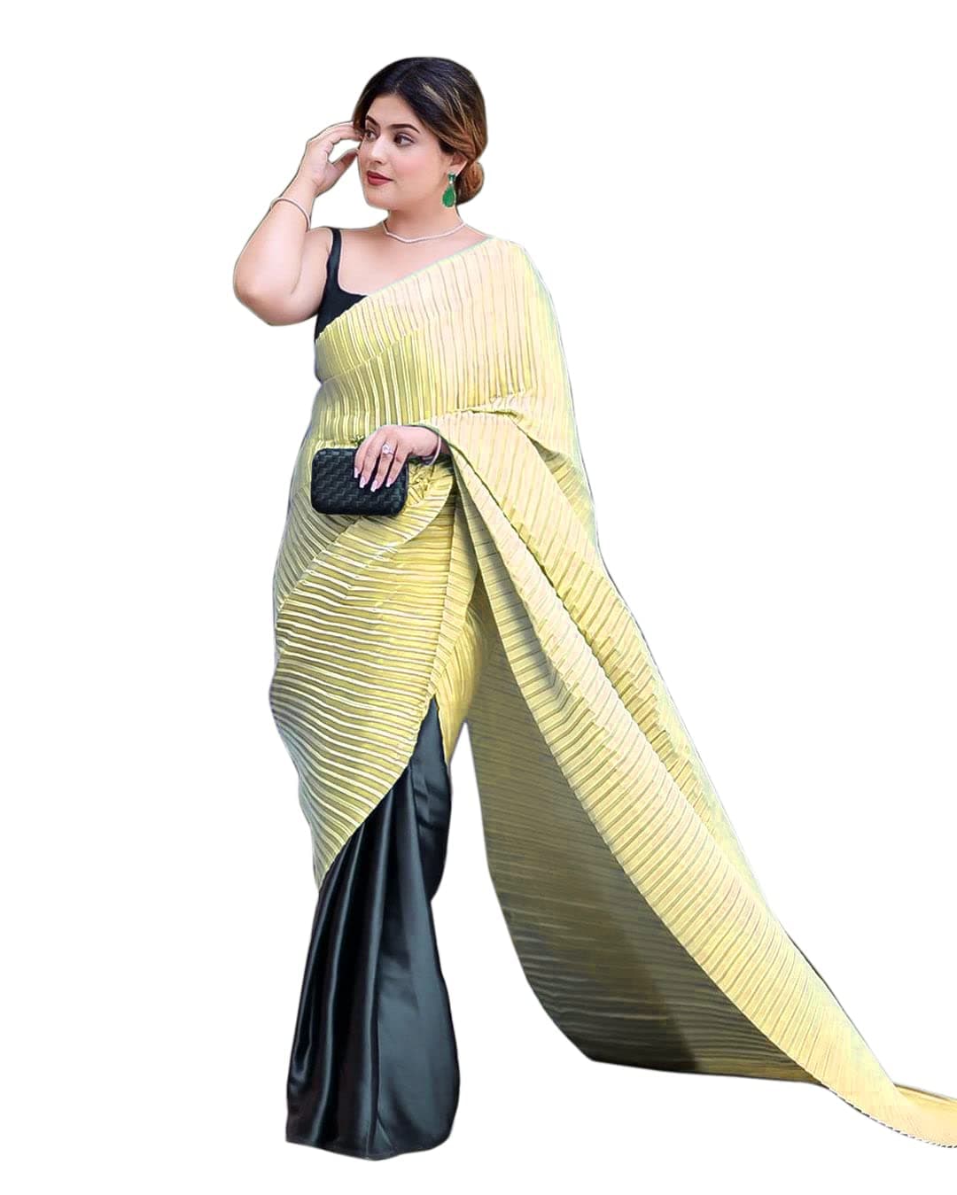 Sidhidata Women's Pleated/Crushed Plain Chinon Saree With Unstitched Blouse Piece