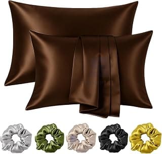 Satin Pillow Covers for Hair and Skin Set of 2 with 5 Scrunchies I Satin Pillow case I Silk Pillow Cover I Silk Pillow case I Women Gift Items (Coffee)