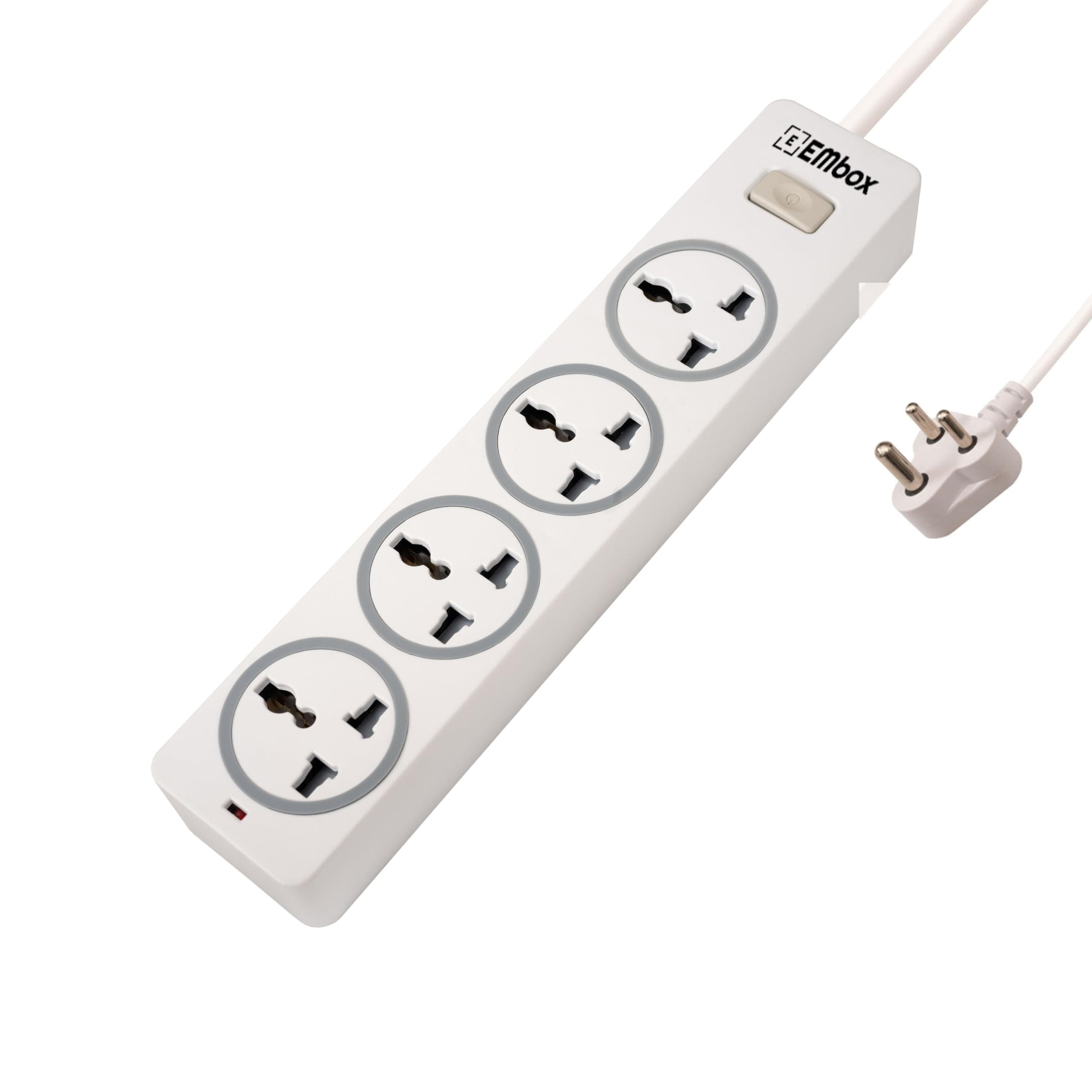 EMBOX 10A Extension Board with Master Switch-Extension Cord with 4 Universal Sockets-Spike Guard with Safety Shutter and LED Indicator-1500W (White-5 Meter Cable)