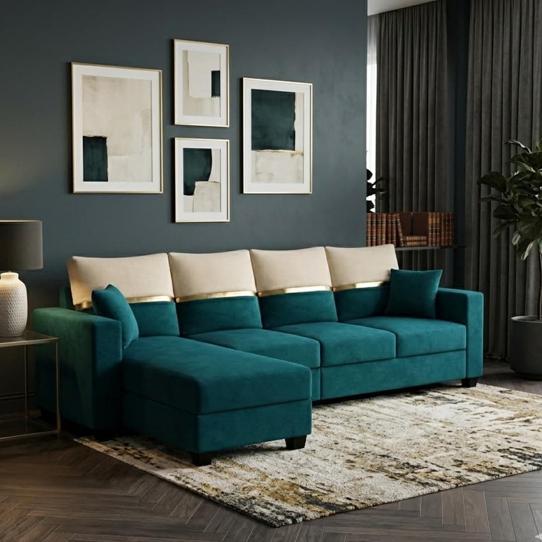 FURNY Arnoy 5 Seater Fabric LHS L Shape Sofa Set (Greenish Teal) with Velvet Finish | Durable & Comfortable | Ideal for Living Room