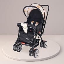 LITTLE Pumpkin by R for Rabbit Kiddie Kingdom Baby Stroller Pram with 3 Position Recline, Adjustable Backrest, 360° Swivel Wheel, Storage Basket, Reversible Handle for Kids 0 to 3 Years (Black Safari)