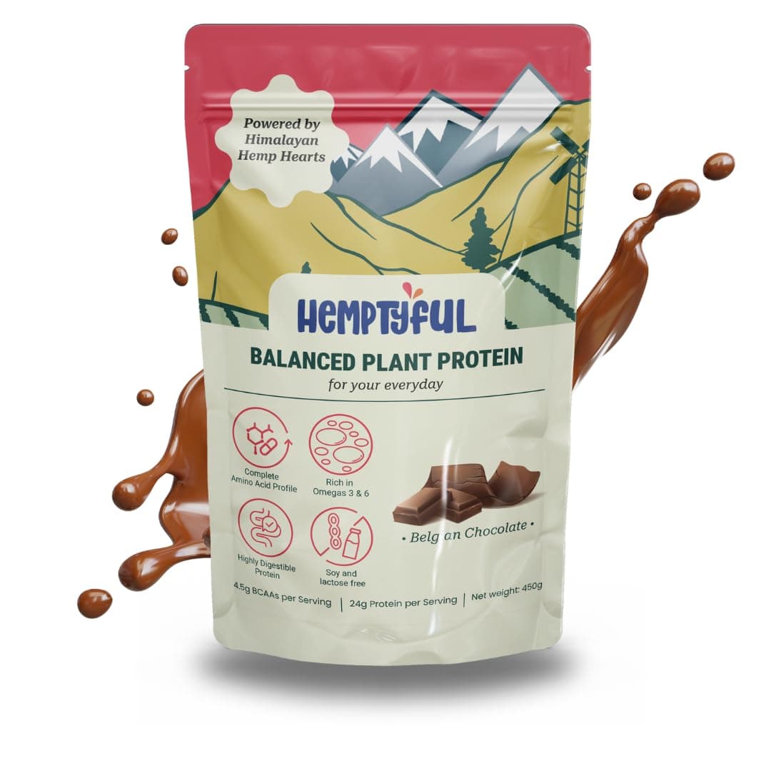 Hemptyful Balanced Plant Protein | 24g Protein per Serving | 4.5g BCAAs | Hmp-Pea Protein Blend | Complete Amino Acid Profile | Gut Healthy Digestible (450g, Belgian Chocolate))