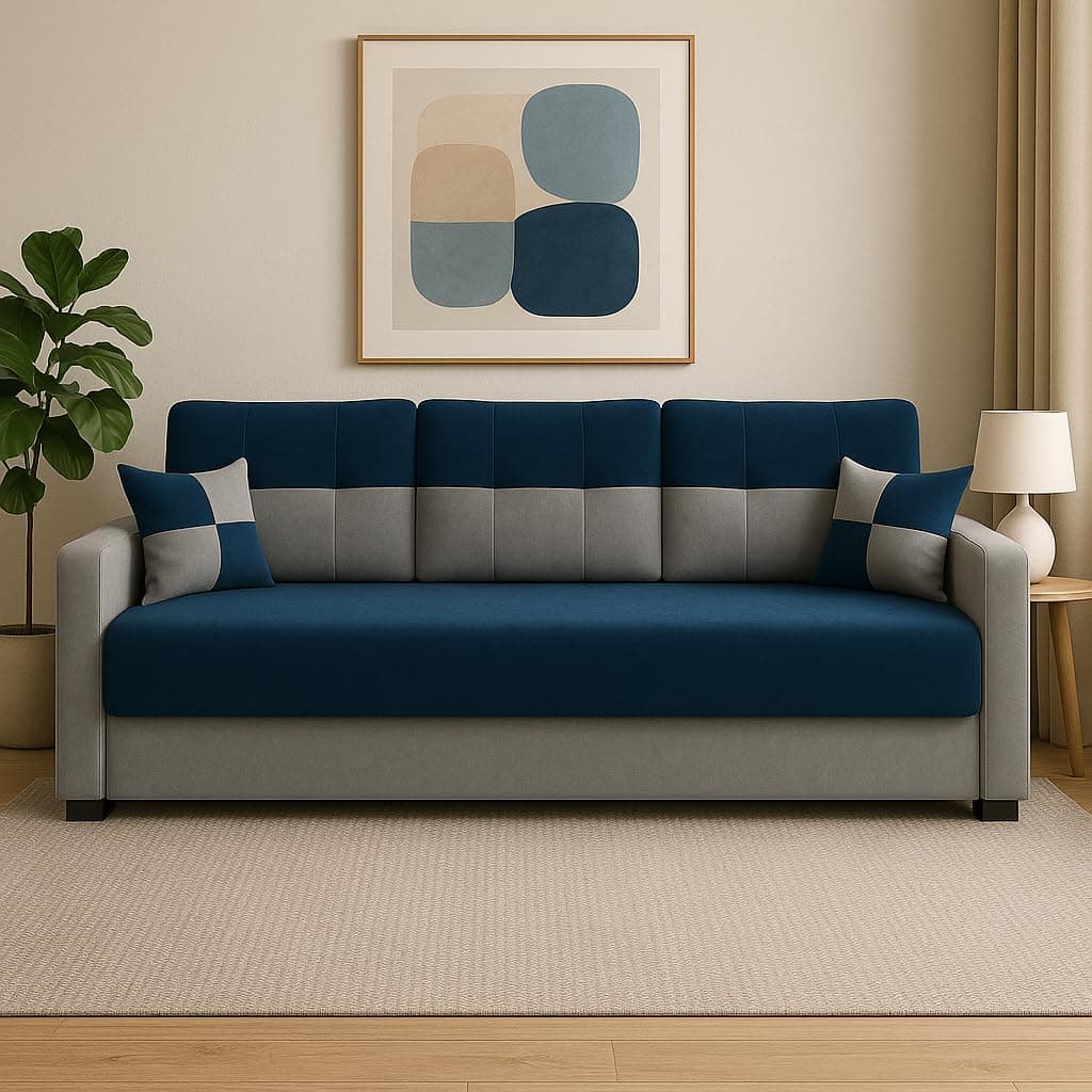 FURNY Premium Opula 3 Seater Sofa Set, Fabric 3 Seater Sofa Set for Living Room | with Velvet Fabric | in Dark Blue & Light Grey Color