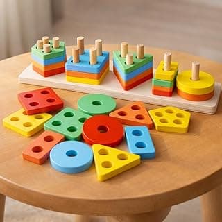 Toyshine Kids Wooden Angle Geometric Blocks Stacker Shape Sorter Column Puzzle Stacking Set - 5 Columns