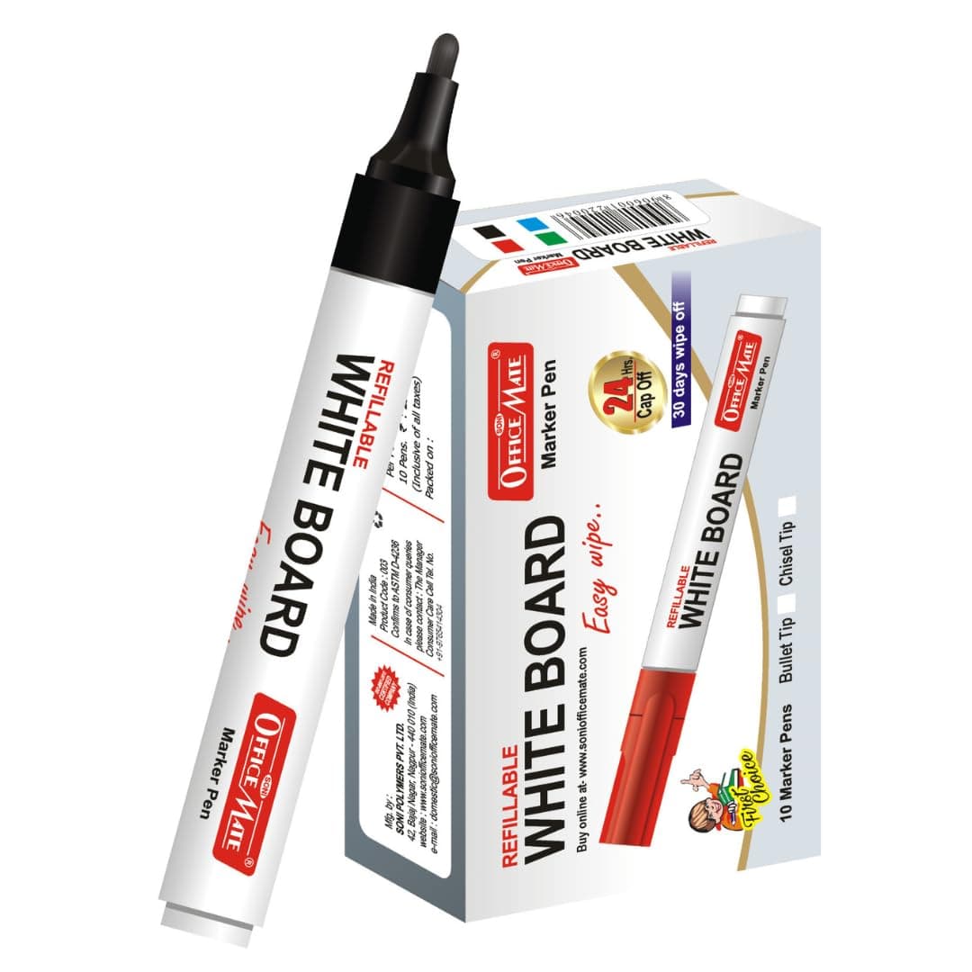Soni Officemate Whiteboard Marker | Pack of 10 (Black)|4.43 mm Bullet Tip | Non-Toxic | Smooth Writing | Easy Wipe | Ideal for School & Office