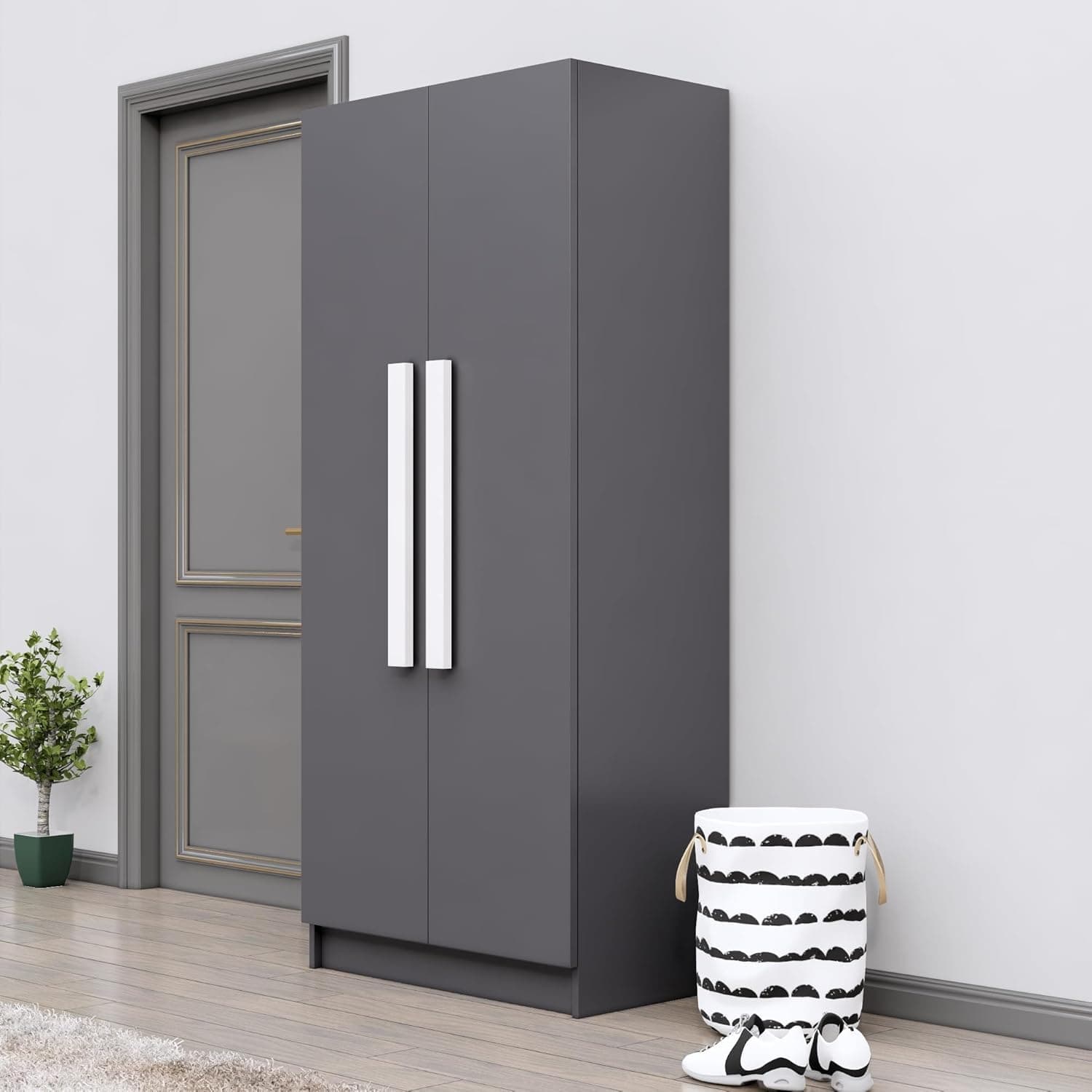 Bniture 2 Door Wooden Wardrobe for Bedroom | Almirah for Clothes with 4 Shelves, Engineered Wood Wardrobe for Clothes | Cupboard for Bedroom (46D x 80W x 182H CM) | 3 Years Warranty (Slate Grey)