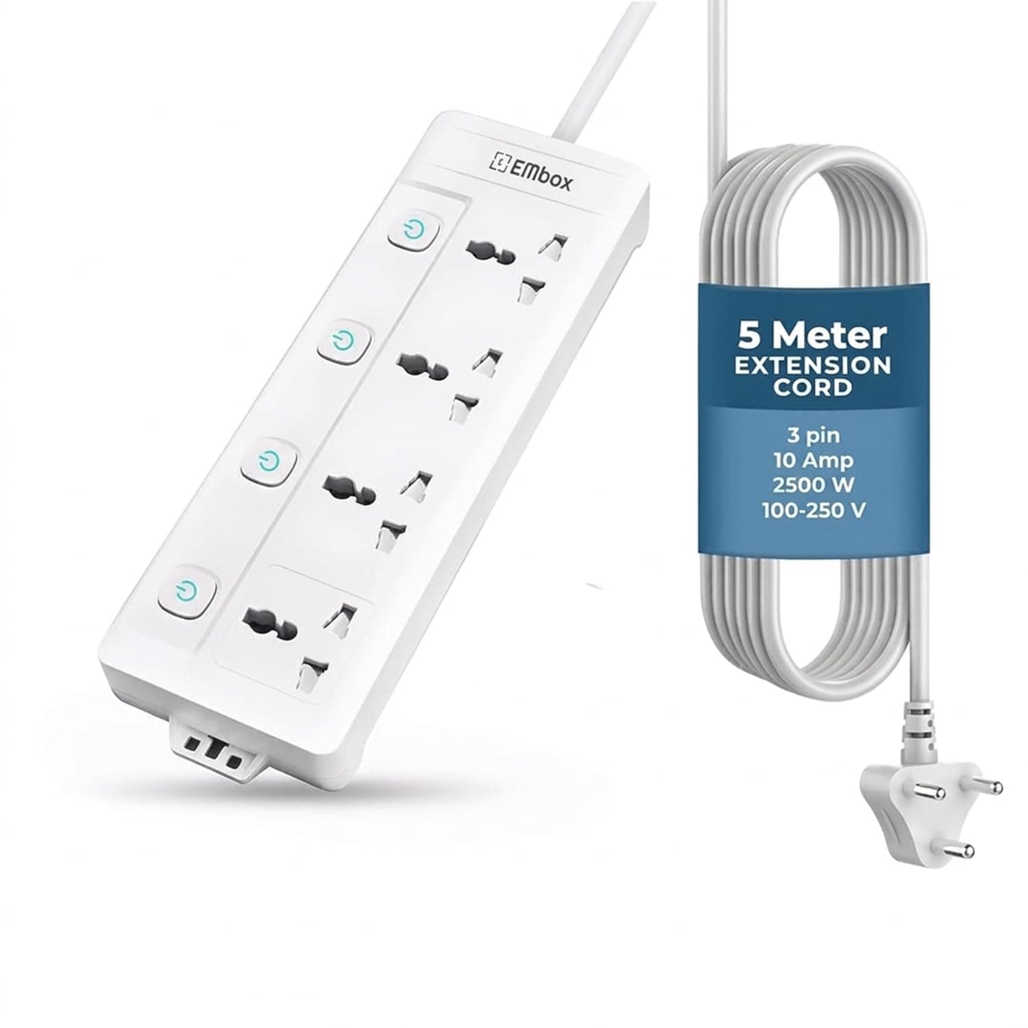 Embox 5 Meter Extension Board with USB| Extension Board with Switches 4 Universal Sockets 6A Spike Guard | LED Indicator 2500W Extension Cord