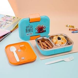 Nayasa Marco 2 Compartment Stainless Steel Insulated Lunch Box for Kids Boys | Travel Adventure Print | Vacuum Sealed Leak Proof Tiffin Box | 650 ml | Blue