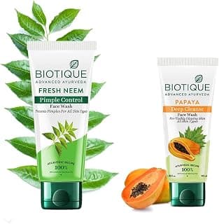 Biotique Bio Neem Purifying Face Wash For All Skin Types, 150ml & Bio Papaya Visibly Flawless Skin Face Wash (Soft Scrub) 100ml