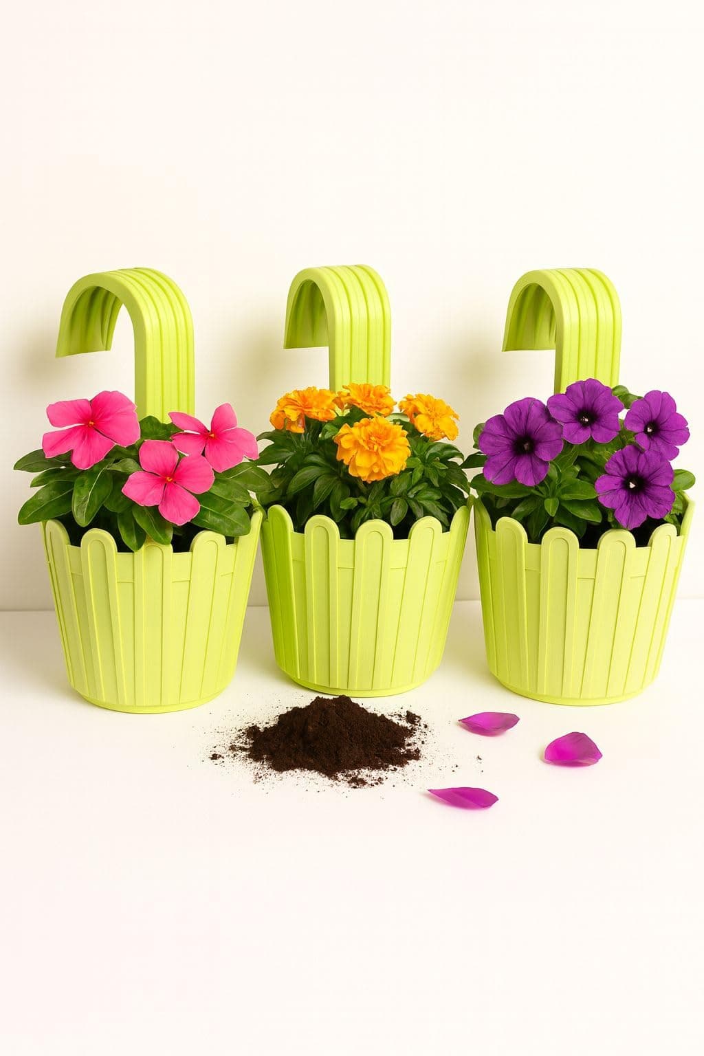 KORREL SEEDS Premium Railing Planter with Hook – Durable Plastic Hanging Flower Pot for Balcony, Fence Design Gamla for Indoor/Outdoor Plants, Herbs & Creepers (Pack of 3) (3, Green)