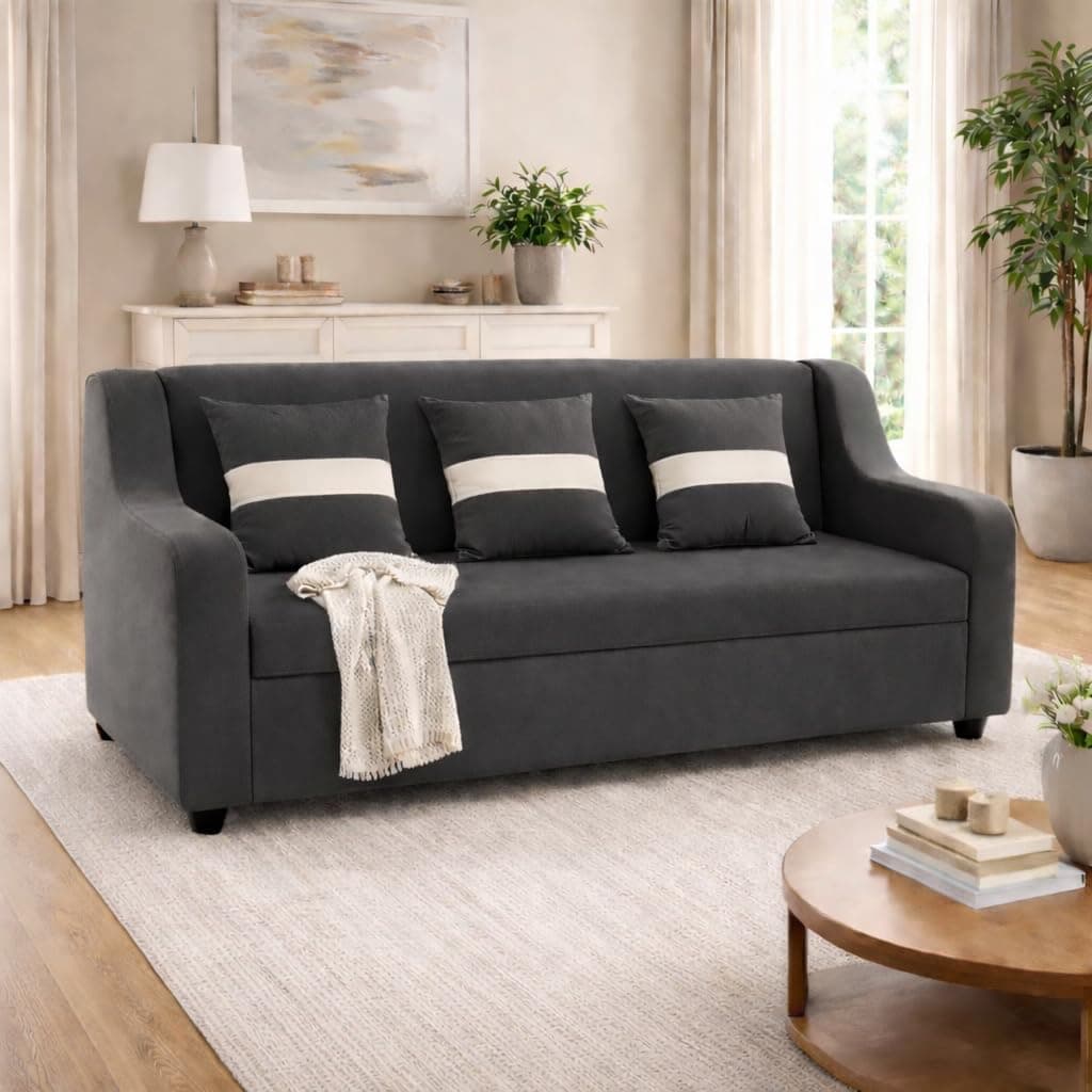 KENDALWOOD Furniture 3 Seater Fabric Curve Handle Sofa for Living Room Furniture | 3 Seater Sofa | Sofa for Home & Office | Fabric Color:- Dark Gray