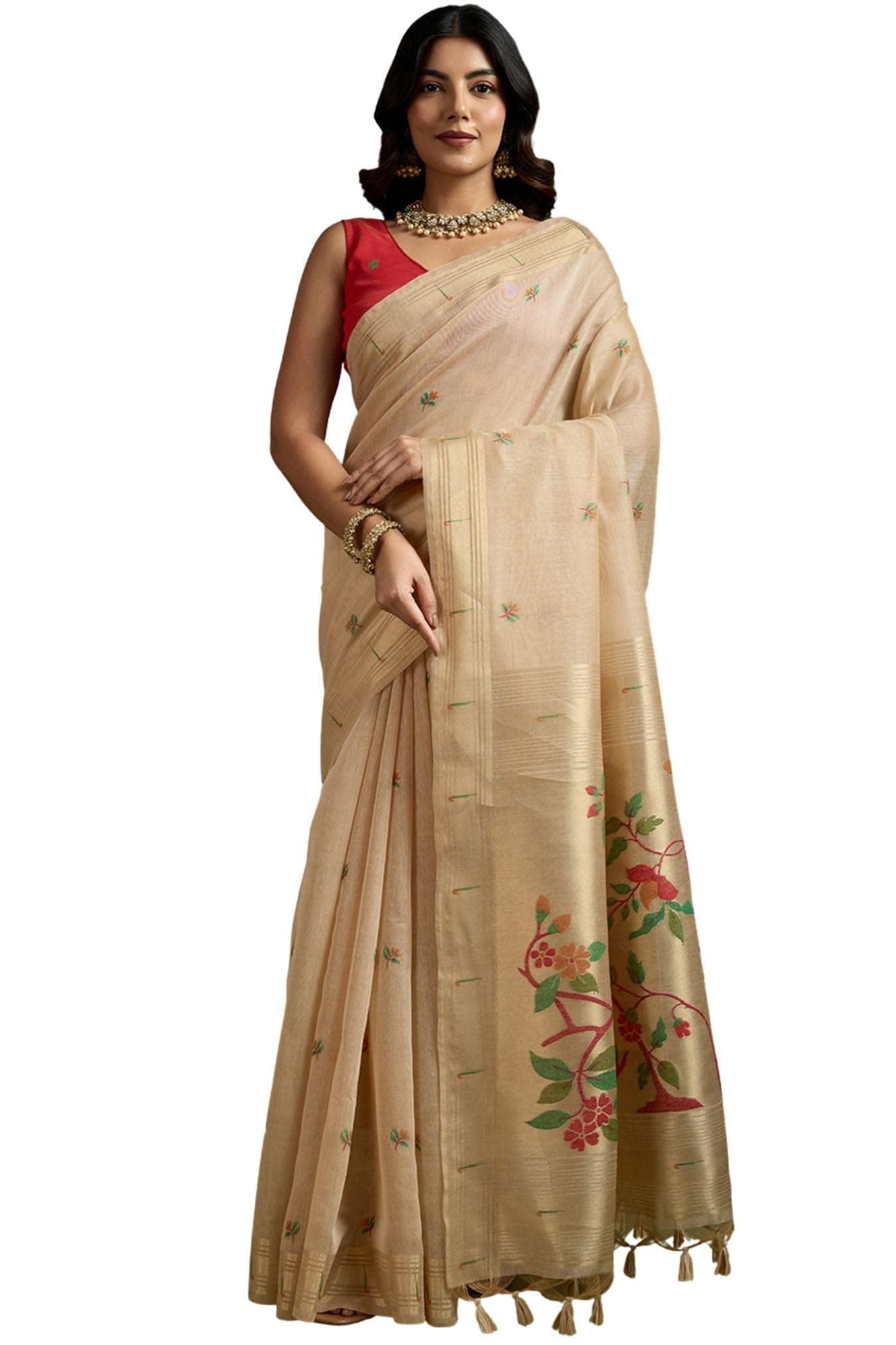 SGF11 Women's Kanjivaram Pure Cotton Linen Soft Silk Saree With Unstitched Blouse Piece