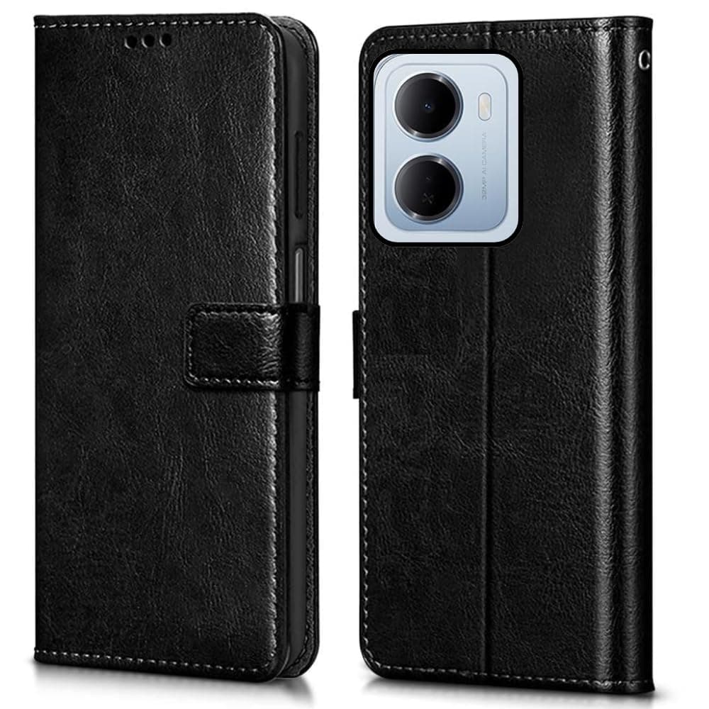 Leather Flip Case Cover Compatible with Back case Cover for Redmi 15A 5G | Hand-Stitched Leather Finish| Lightweight| Inbuilt Card Pockets |(Black)