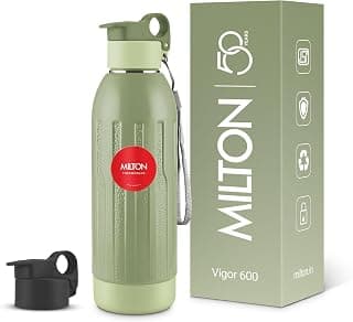 MILTON Steel Vigor 600 Thermoware PU Insulated, Two Leak Proof Lid, Water Bottle, for Office, Gym, School, 520 ml, Military Green