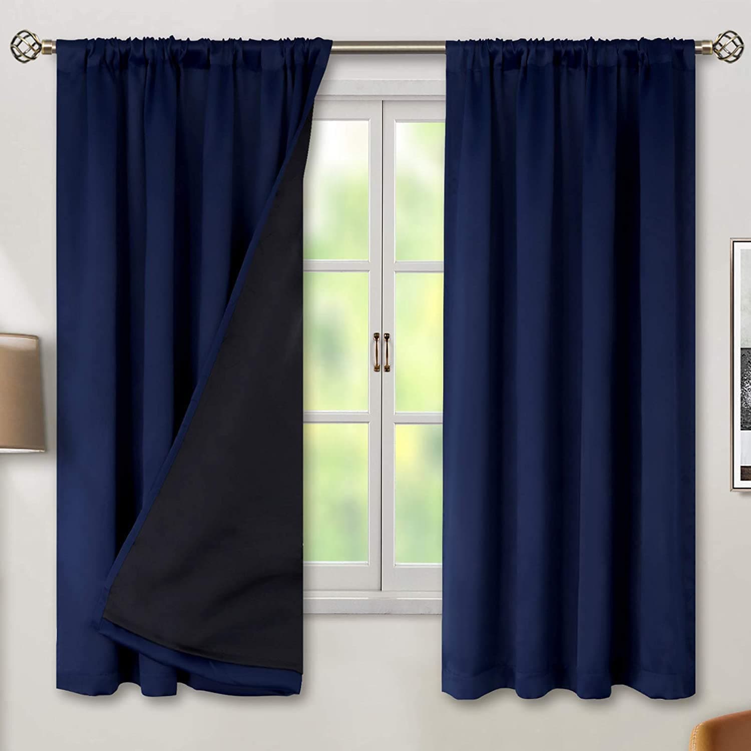 BFAM Store Thermal Insulated 100% Blackout Curtains for Bedroom with Black Liner, Double Layer Full Room Darkening Noise Reducing Rod Pocket Black Out Curtain 2 PC (Navy Blue, 9 FT (108INCH))