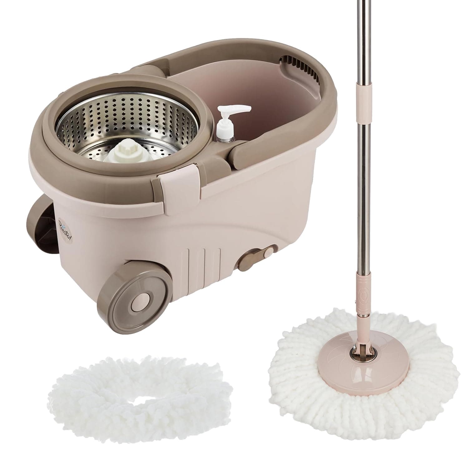 Amazon Brand – Presto! Clean Steel Spin Mop | Plastic & Stainless Steel | 2 Microfiber Refills | Big Wheels with Drag Handle | 360° Spin | Telescopic Handle | Chestnut