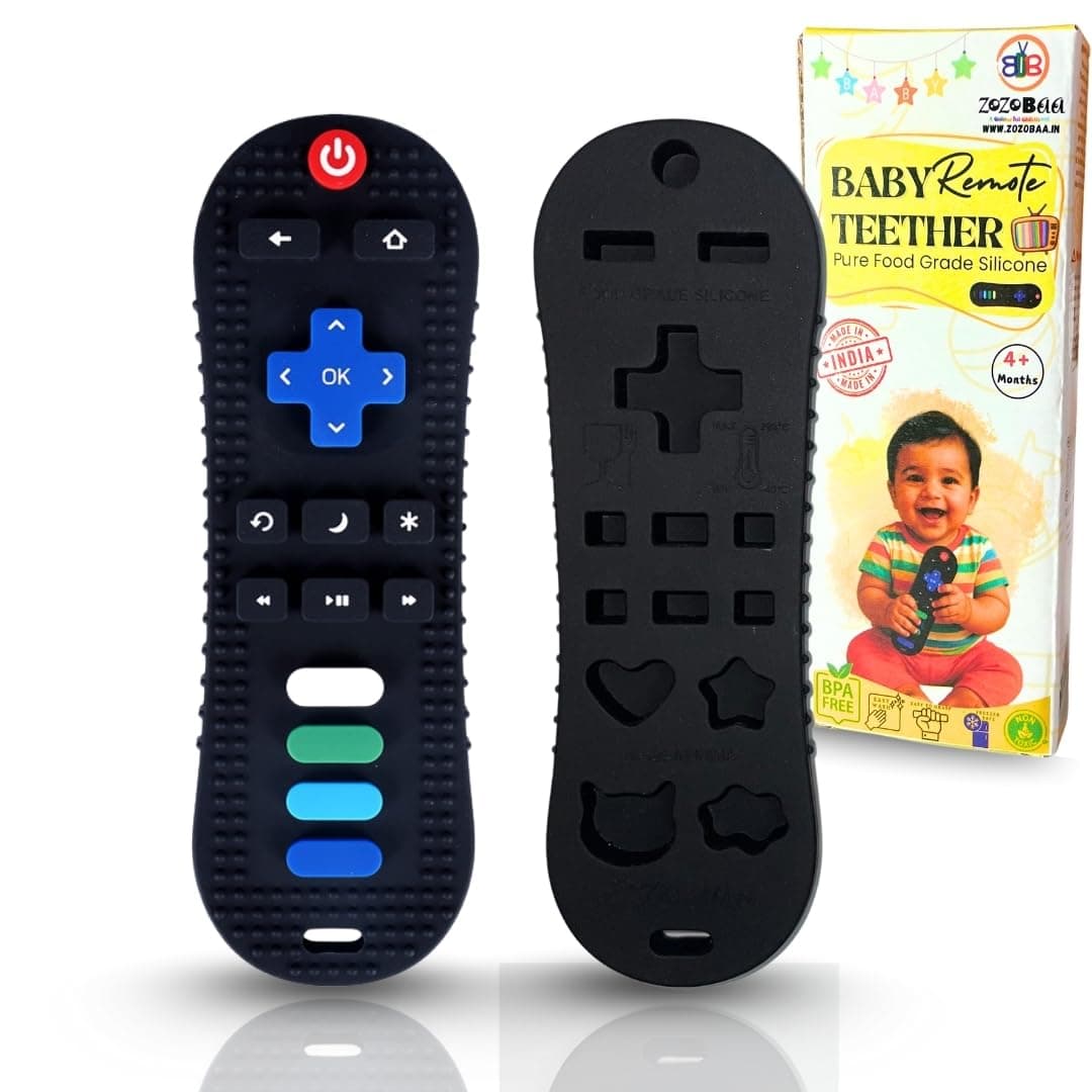 ZoZoBaa TV Remote Soft Silicone Teether for Baby Gums, Teething Toy for Babies, BPA Free, Pain-Relief, Non-Toxic, 100% Food Grade, Soothing & Smooth Edges Easy to Grasp Chewable -Black (Pack of 1)