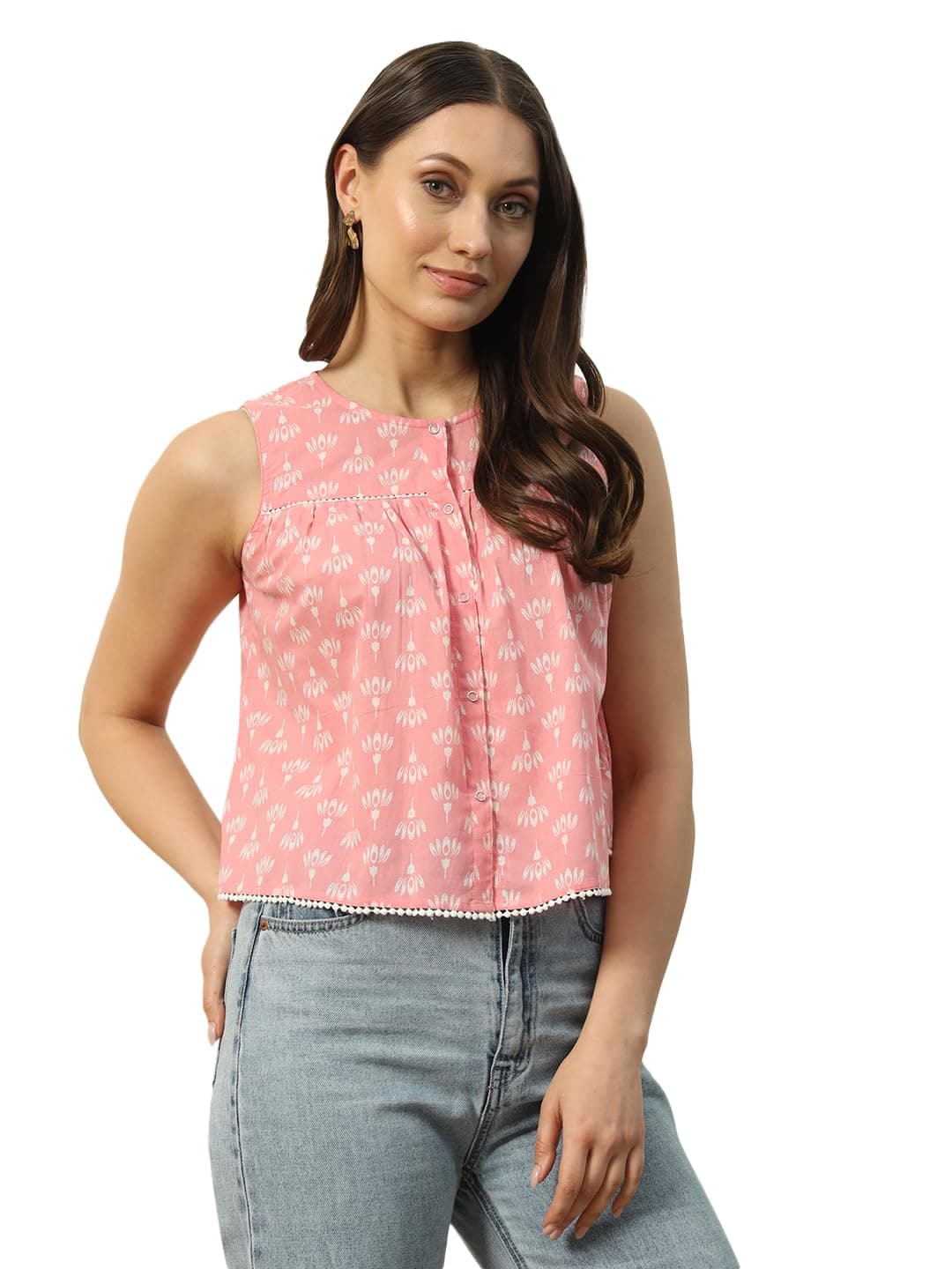 FIORRA Women's Baby Floral Cotton Regular Fit Top With Lace Detail