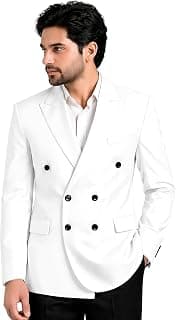 Generic Men's Double-Breasted Peak Lapel Blazer, White, Slim Fit, Polyester Blend, Formal Wear, Full Sleeve, Button Closure