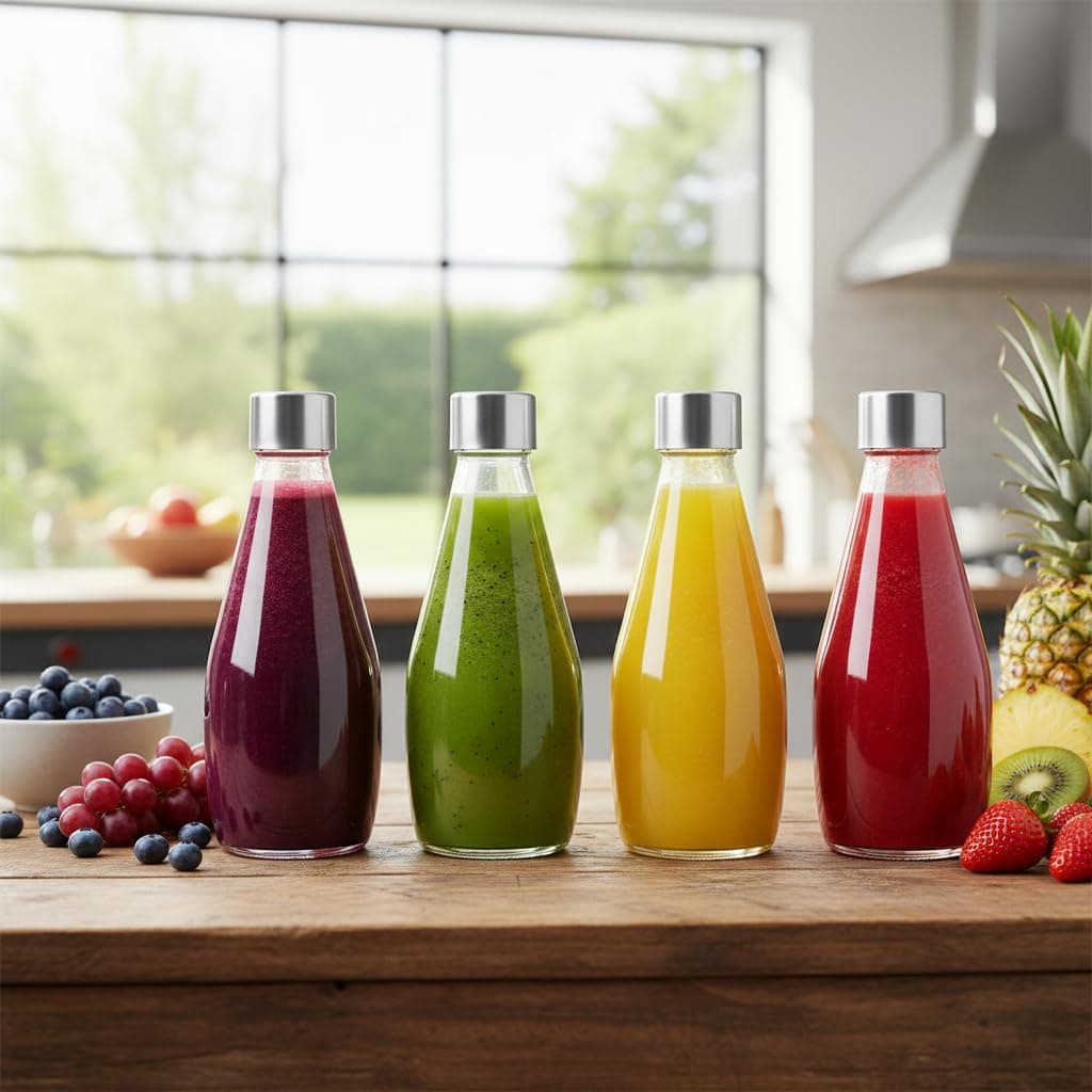 Glassbunny 250ml Transparent Glass Bottle with Stainless Steel Lid & Anti-Slip Bottom, Leak-Proof, Reusable for Water, Juice, Smoothies, Milk for Home, Office, Gym & Travel (Pack of 4)