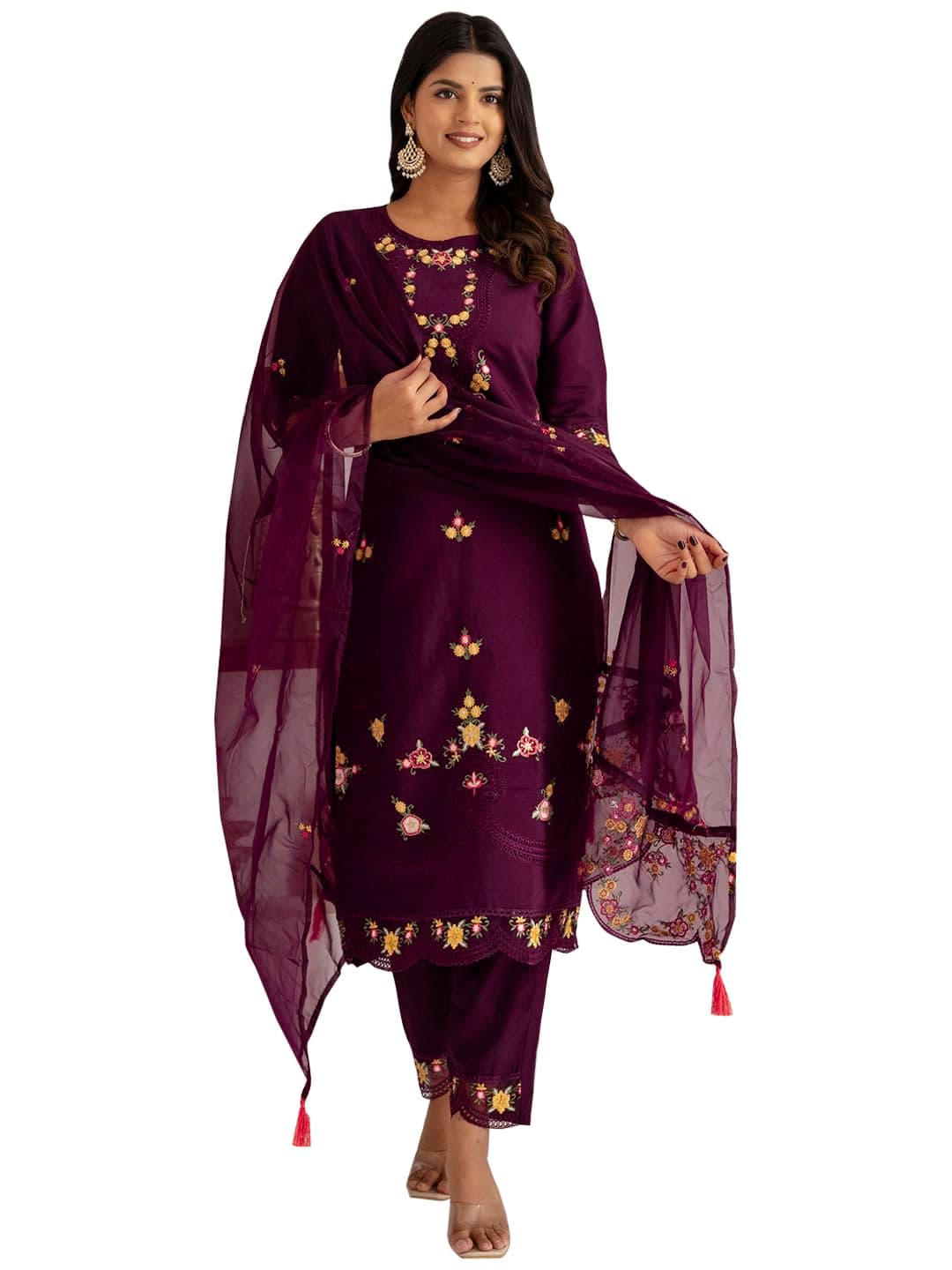 VredeVogel Women's Silk Blend Embroidery Kurta Pant Set with Inner & Organza Dupatta | Kurta Set for Women Occasions
