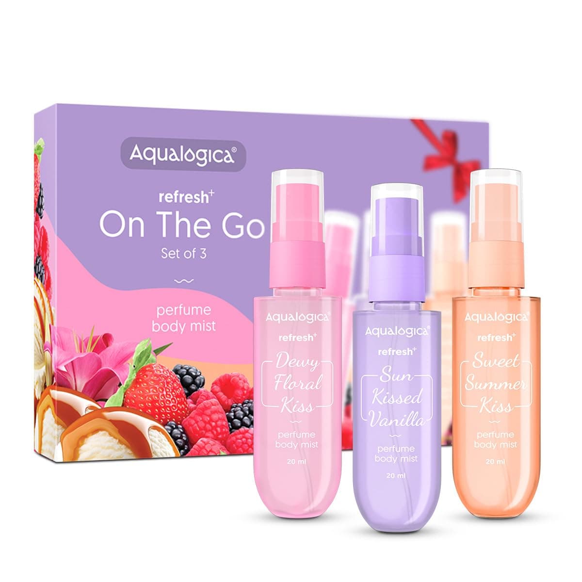 Aqualogica Refresh+On the Go Set of 3 Perfume Body Mist|Travel Friendly|Long Lasting|Warm,Sweet & Floral Fragrance|Double Duty Mist for Hair & Body|Premium Gift Pack|For Unisex-Adult|20 ml x 3