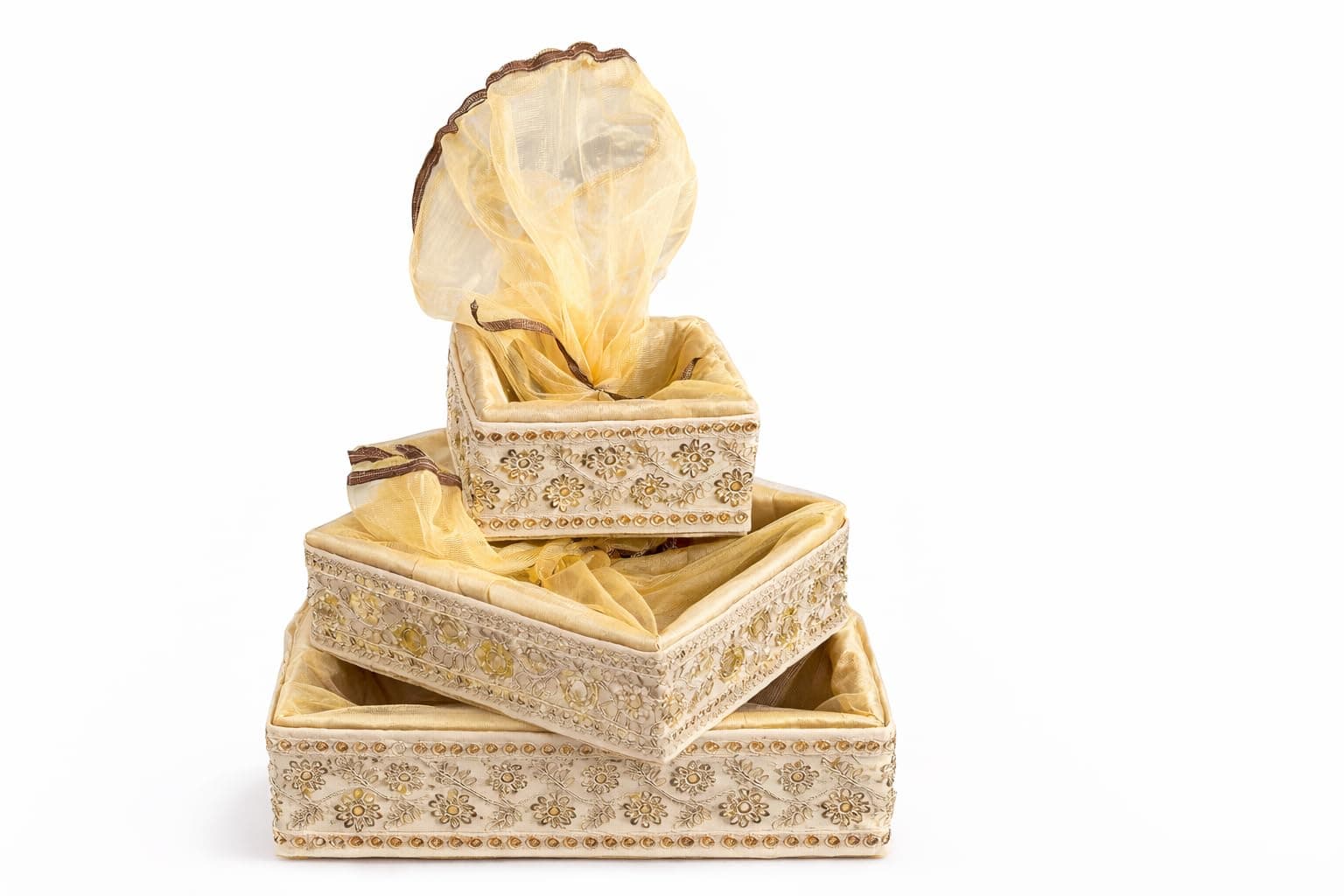 Vayu Art & Crafts Gold Embroidered Decorated Square Gift Hamper Basket Set of 3 (15x15x7.5 CM, 20x20x7.5 CM, 25x25x7.5 CM)