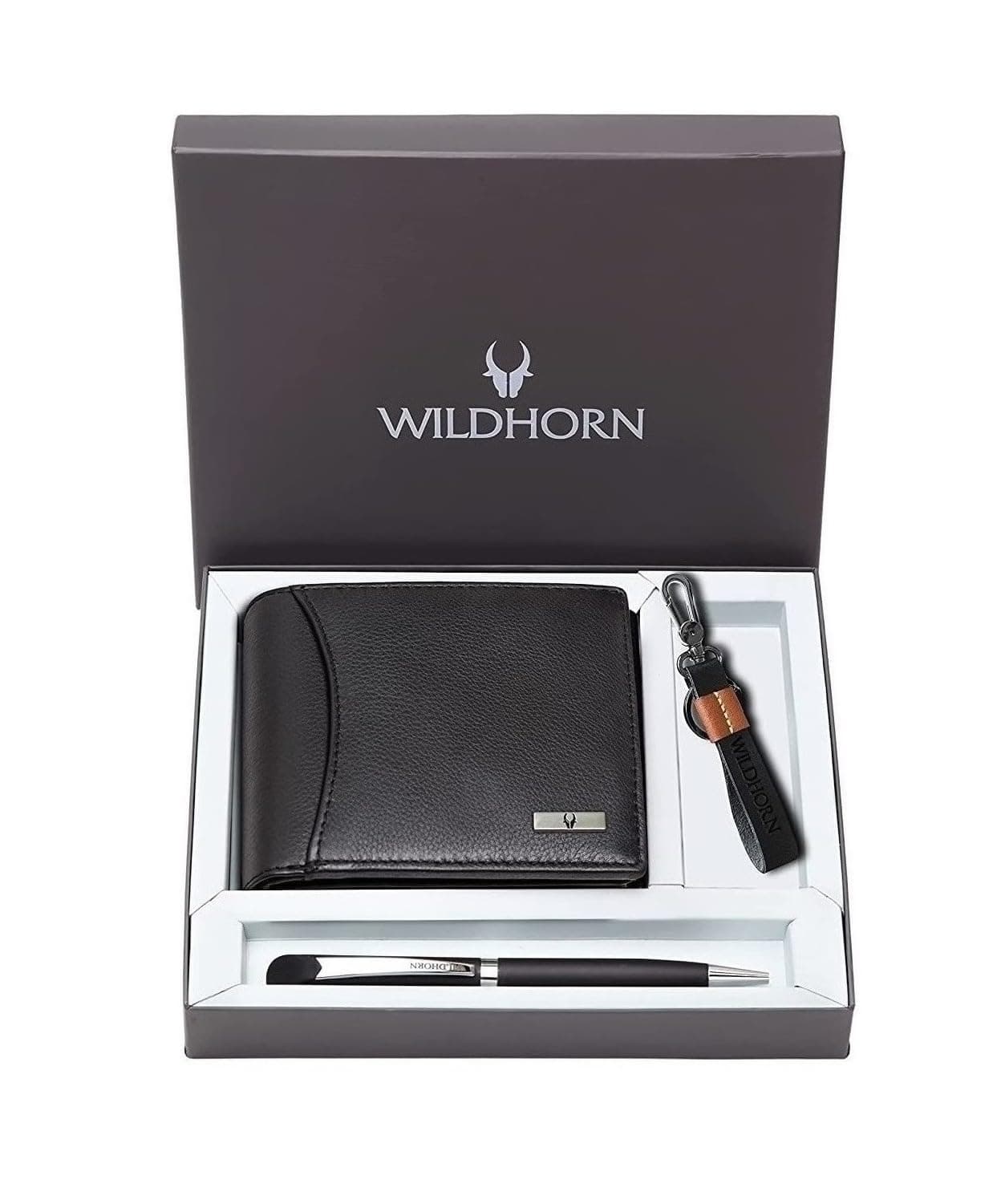 WildHorn Gift Hamper for Men I Leather Wallet, Keychain & Pen Combo Gift Set I Gift for Friend, Boyfriend,Husband,Father, Son etc (Black M)