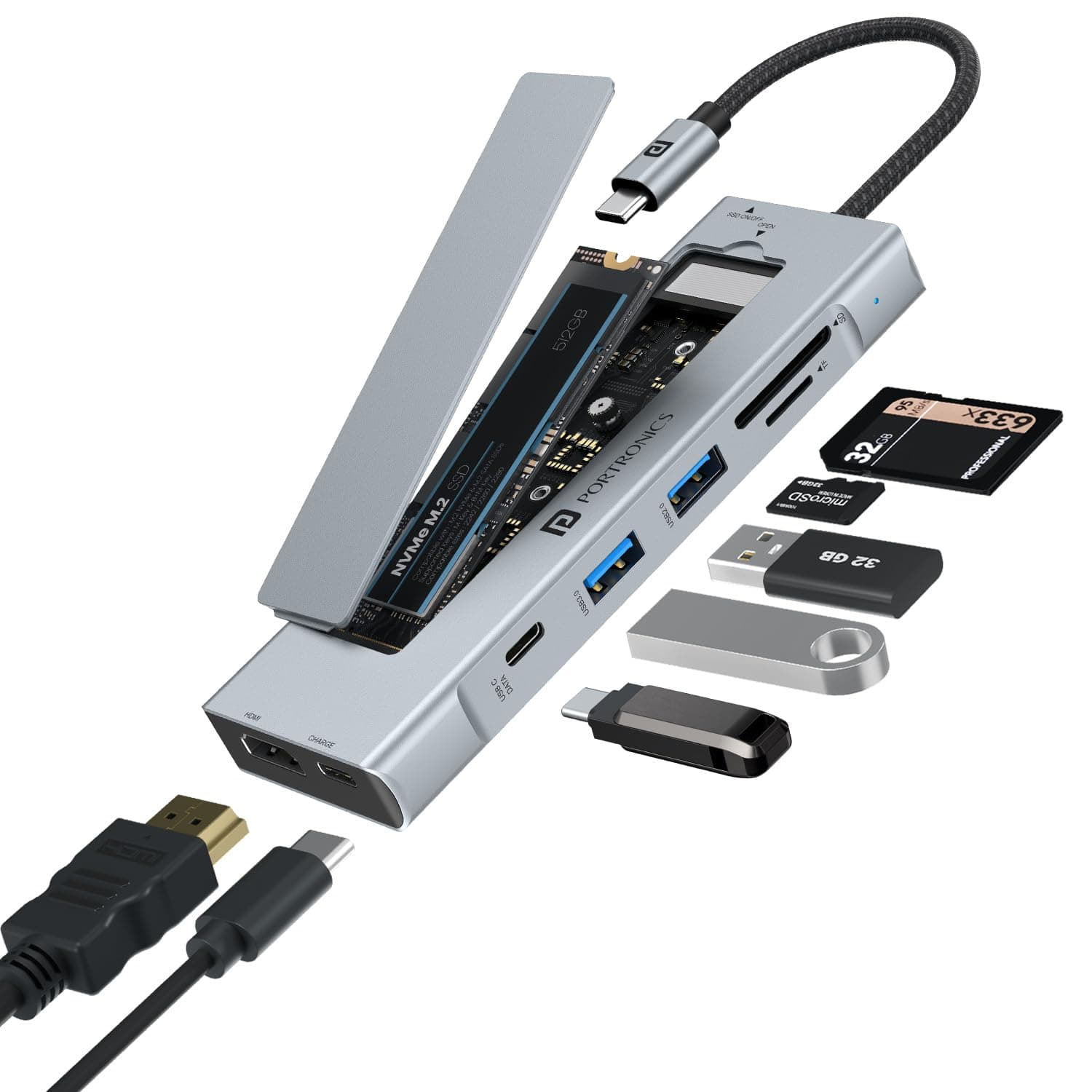Portronics Mport Space 8-in-1 Type-C Hub with Built-in M.2 NVMe/SATA SSD Slot, 100W PD Charging, 4K@30Hz HDMI Output, USB 3.0, SD/microSD Reader, Type-C Data, Aluminium Body, Nylon Braided Cable