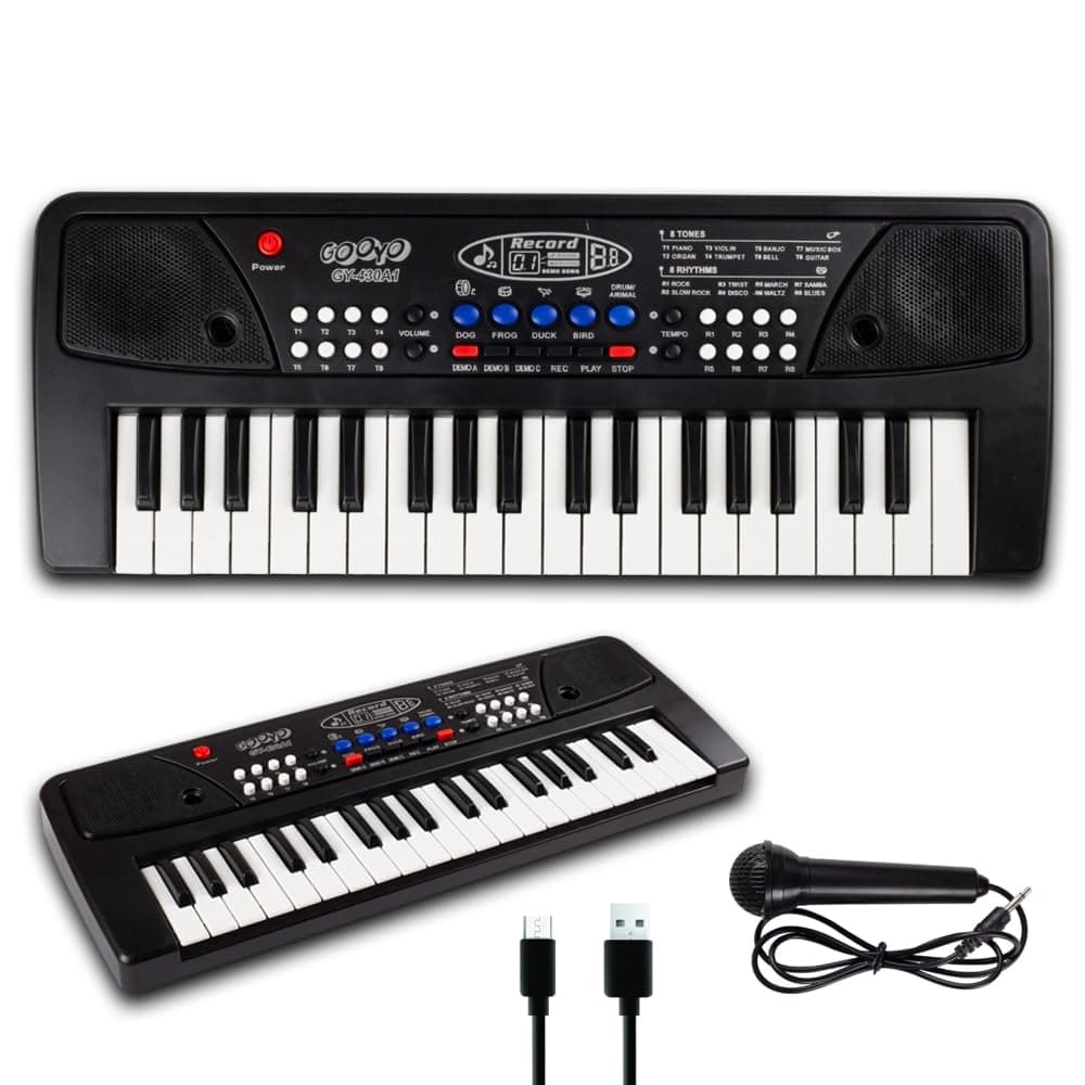 Gooyo GY-439 37-Key Musical Piano Keyboard Toy for Kids | 8 Rhythms, 8 Tones, 6 Demos, Song Record Feature | Black | Dual Power Supply Mode | Microphone & USB Cable (Included)