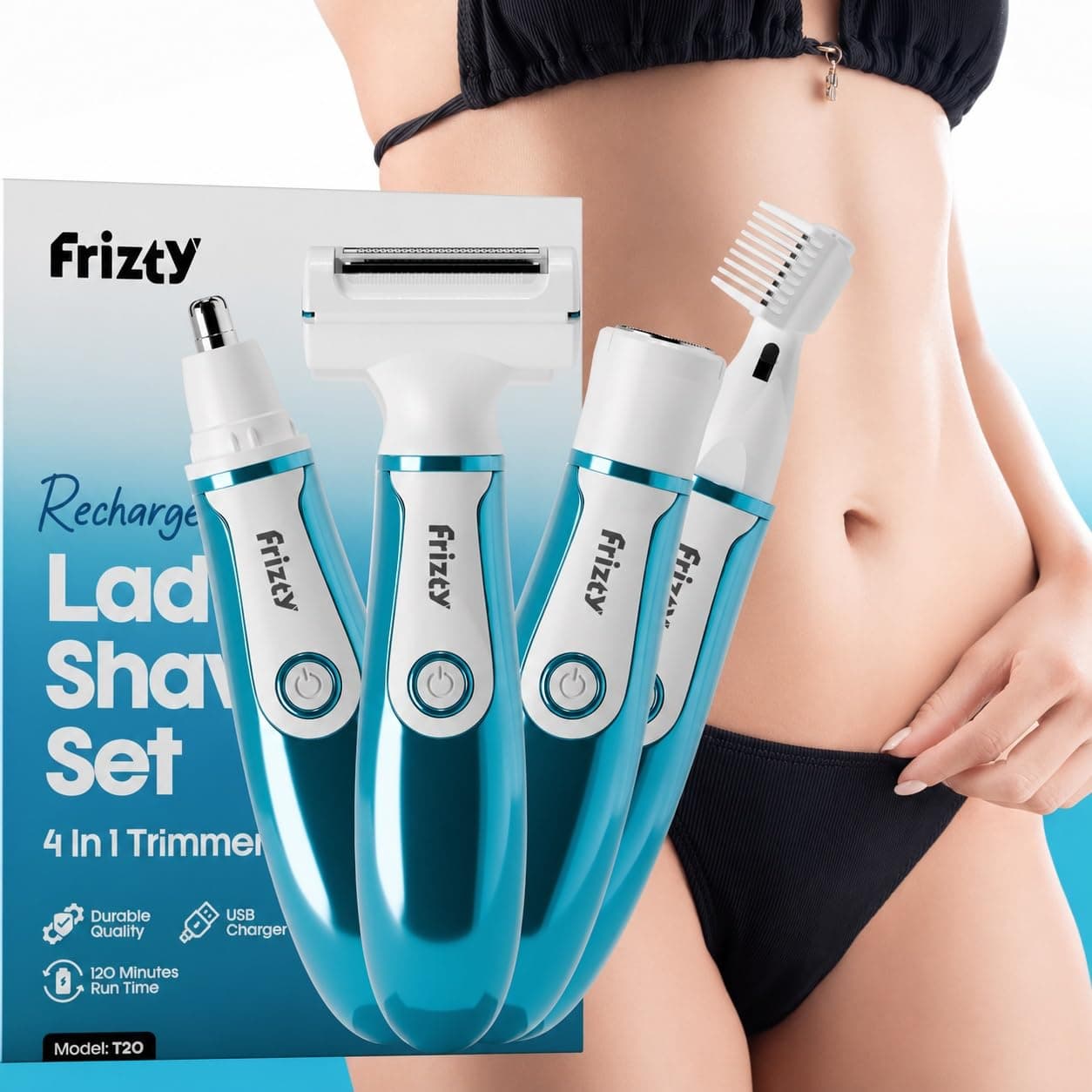 Frizty Bikini Trimmer For Woman | 4 In 1 Rechargeable Face & Body Trimmer For Woman with 4 Heads | Bikini & Body Shaver, Face & Eyebrow, Nose and Ear Trimmer | Blue
