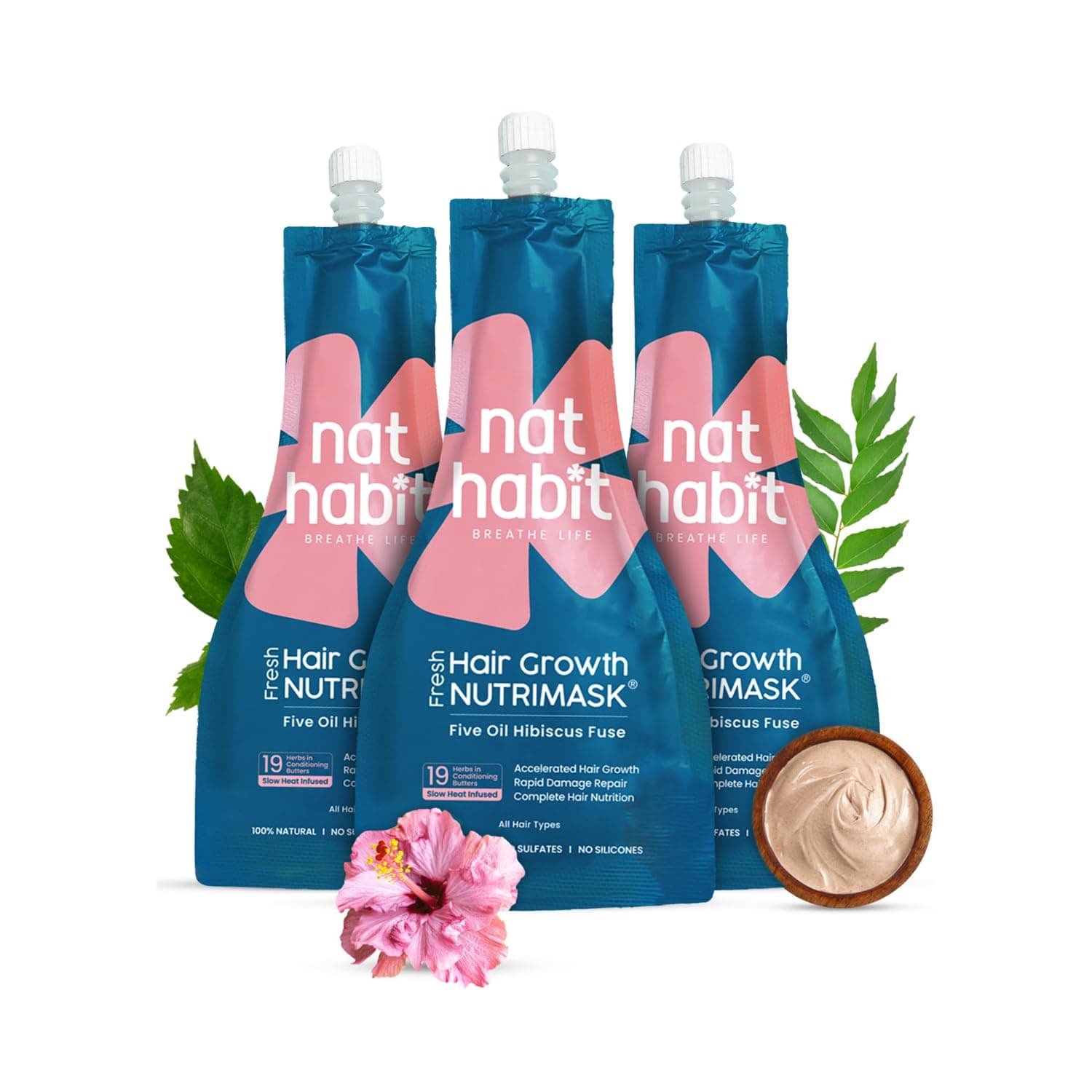 Nat Habit Five Oil Hibiscus NutriMask - Hair Mask For Hair Growth, Conditioning, Smoothening, Dry & Frizzy Hair Enriched with Hibiscus Flowers, Hibiscus, Neem, Curry Leaves (Pack of 3 x 40gm)