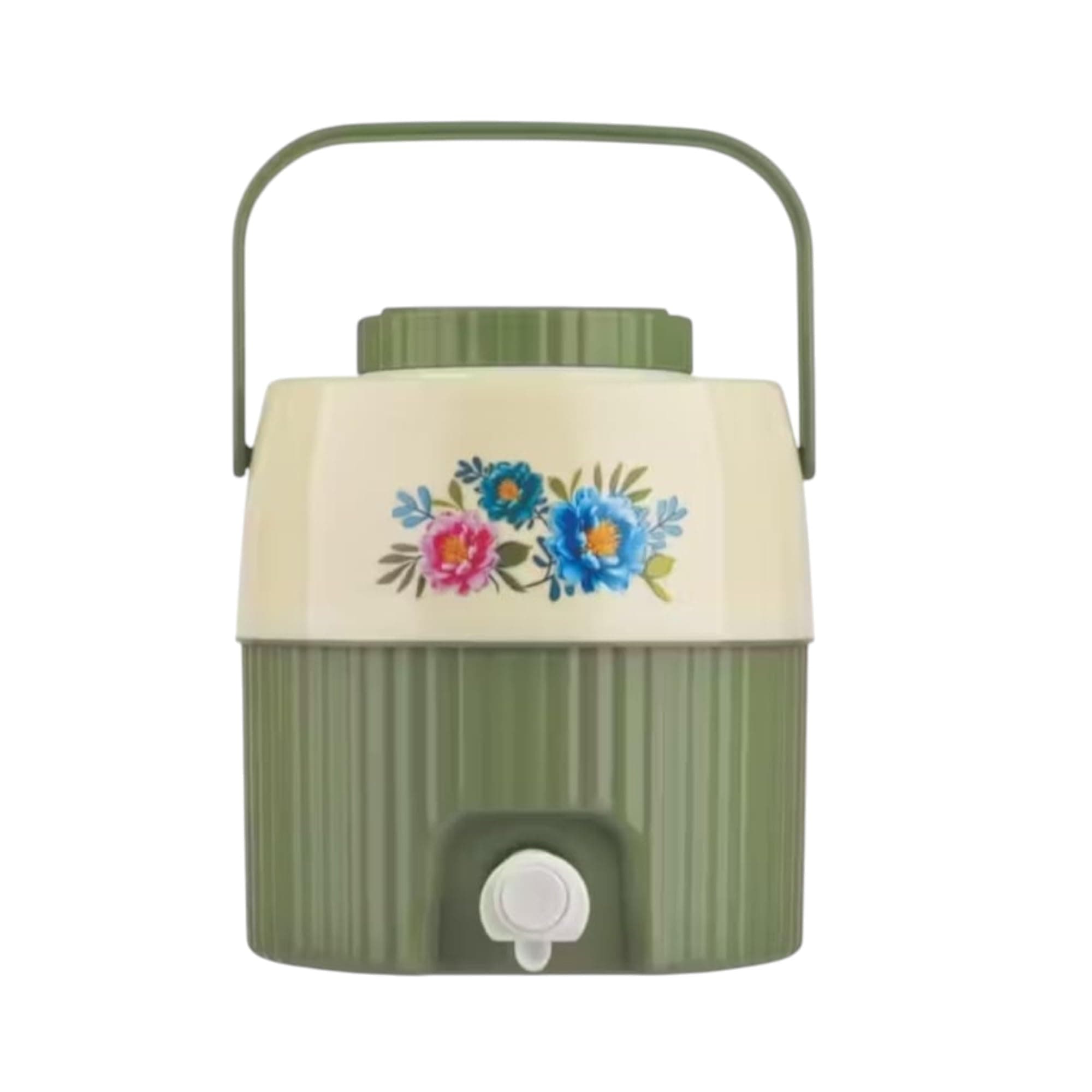 Insulated Plastic Water Jug with Floral Design, 5 litres, Food Grade, BPA Free, Easy to Carry Handle, Green and Cream, Ideal for Office, Travel, Picnic and Kitchen (Green)
