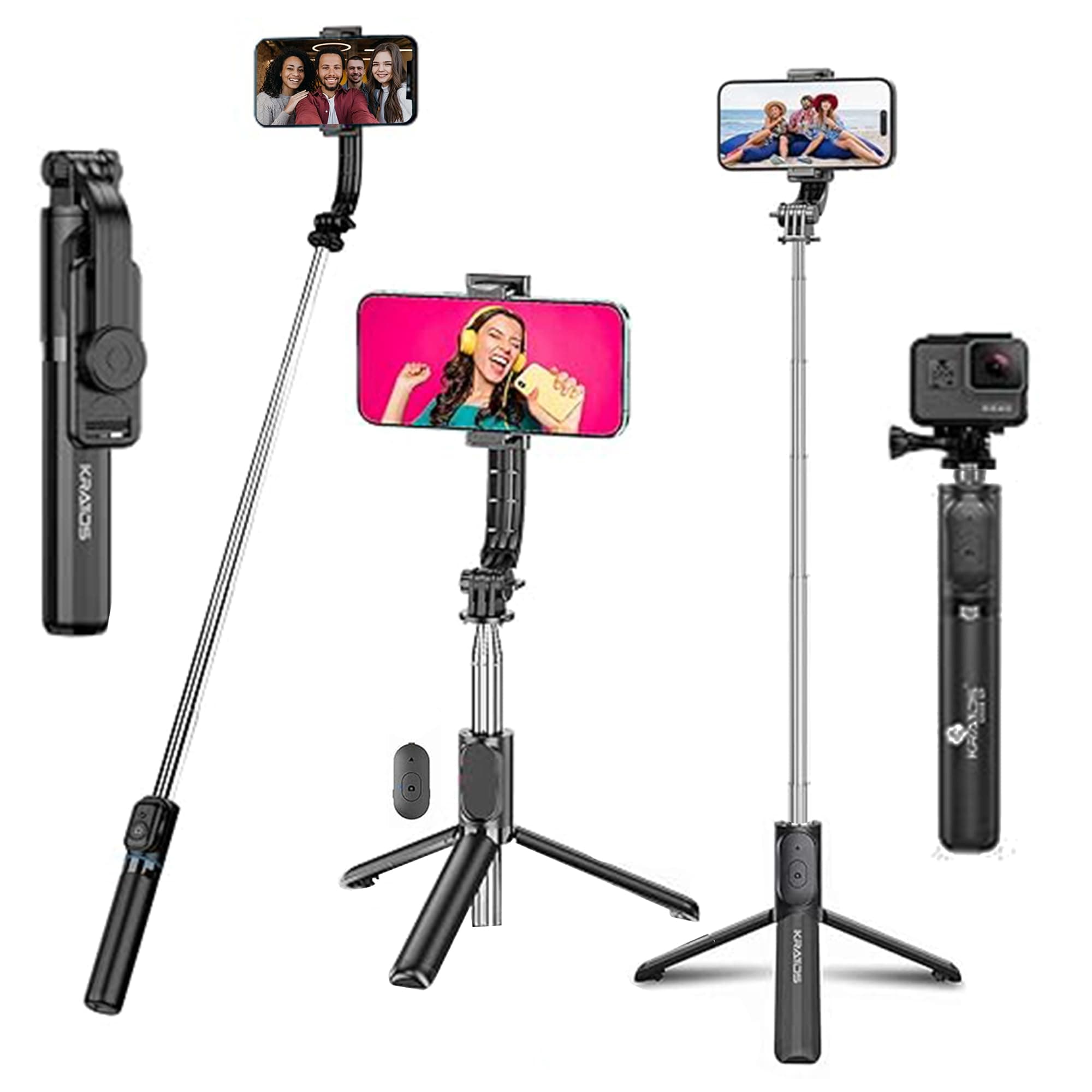 Kratos Upgraded 2026 Extendable Selfie Stick Tripod Stand up to 100 cms Long, 360° Rotation, Compatible with iPhone, Samsung, Vivo, Redmi, Oppo, Gopro and All Smartphones with Bluetooth Remote