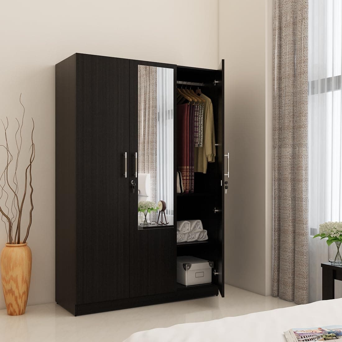 Spacewood Optima Wardrobe | 3 Year Warranty | Almirah, Cupboard, Almari, 3 Door Wardrobe with Mirror, 2 Hanging Space|Engineered Wood| Natural Wenge