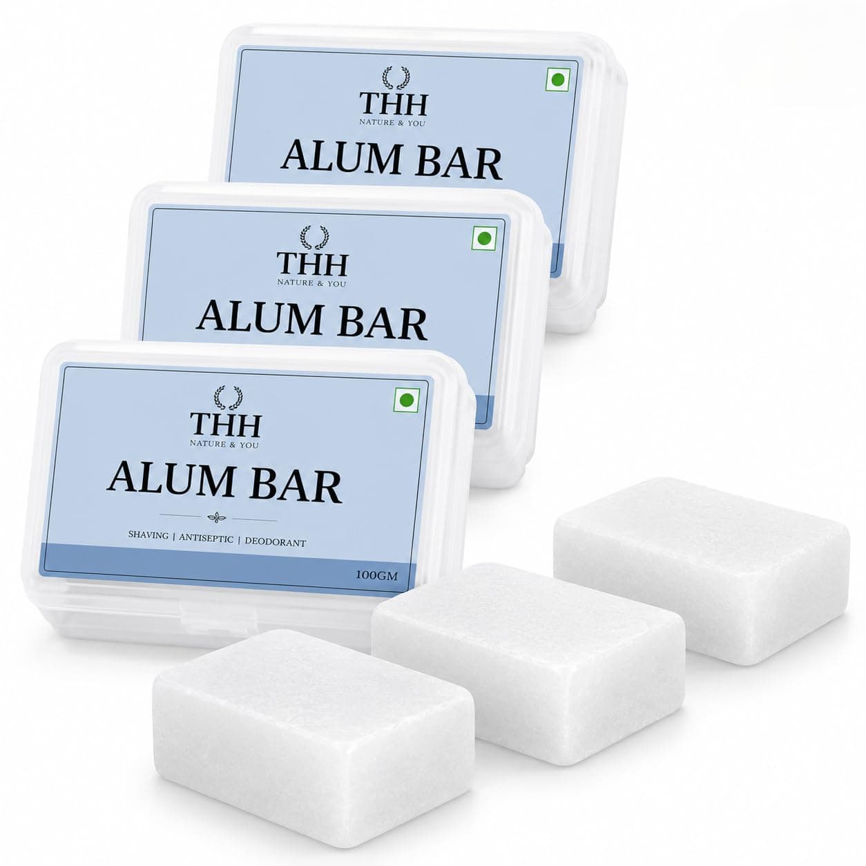 THH Pure Alum Bar 300g (100g Each) | 100% Natural Fitkari Bar for Skin Tightening, Pore Refining Oil Control, and Daily Shave Grooming | Multi-Purpose Bar for Water Purification & Household Use