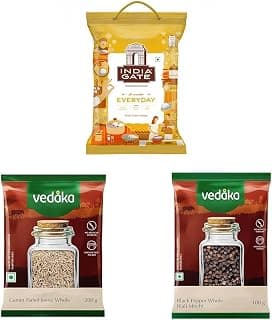 India Gate Basmati Rice Everyday 5 kg || Amazon Brand - Vedaka Whole Jeera (Cumin), 200g || Amazon Brand - Vedaka Black Peppercorn (Kali Mirch), 100g