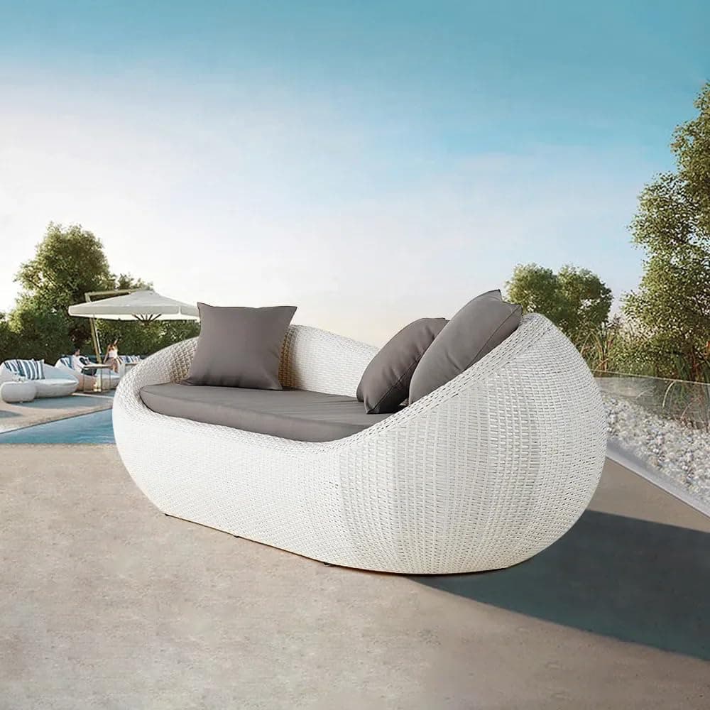 BRISHI Outdoor/Pool Side/Garden/Balcony/Porch/Backyard/Terrace/Patio/Beach/Sofa Sunbed Wicker and Rattan Daybed (White/Grey)