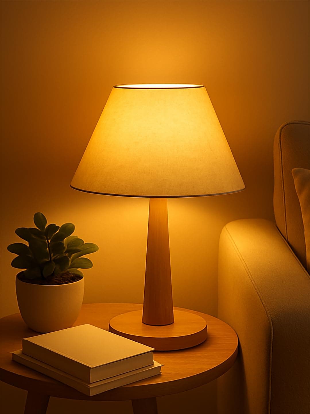 Decorcity Modern Wooden Table Lamp with Fabric Shade | Warm Ambient Lighting for Bedroom, Living Room & Home Décor | Bedside Nightstand Lamp with Soft Glow | Minimalist Design (Beige)