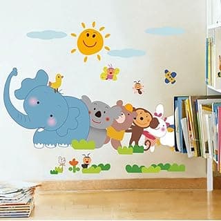 Decals Design Jungle Cartoon Cute Animals' Wall Sticker (PVC Vinyl, 60 cm x 90 cm, Multicolour)