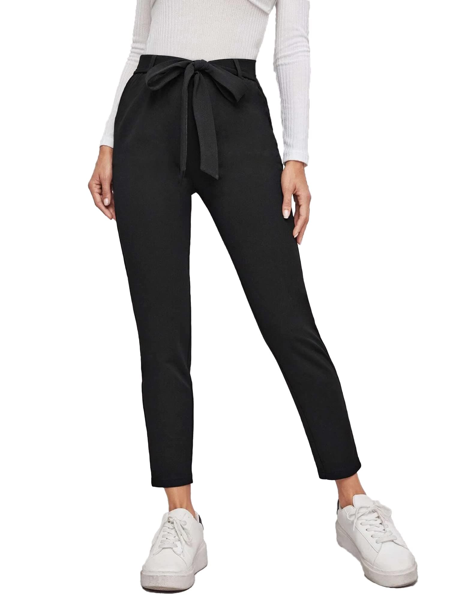 Maniac Womens Solid Polyester Black Trouser with Belt - Office & Casual Wear