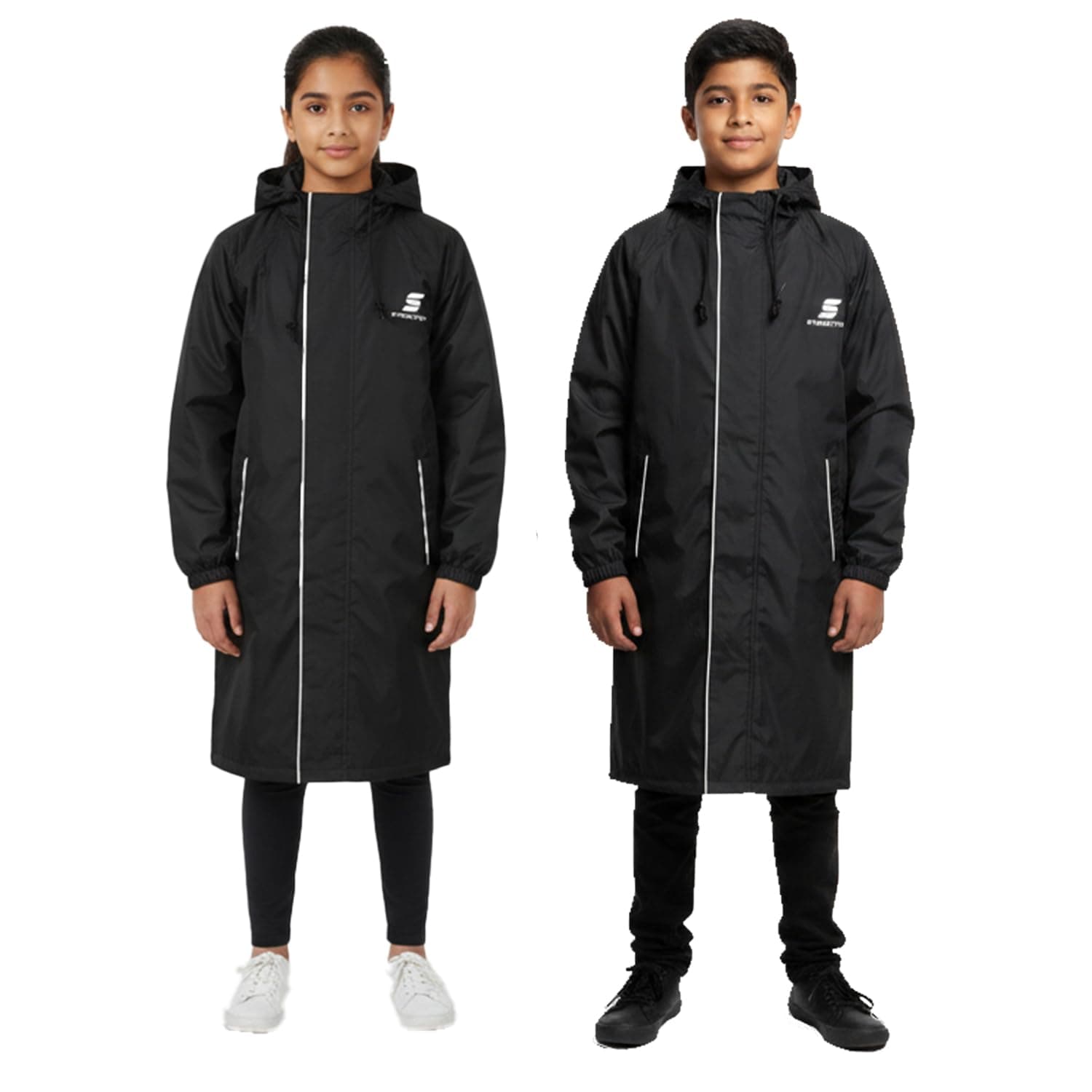 Amazon Brand - Symactive Raincoat for Kids | Waterproof Polyester with PVC Coating | Seam Sealed Long Coat for Boys and Girls | High Neck Hood | Reflective Branding | Black, 8 to 10 Years