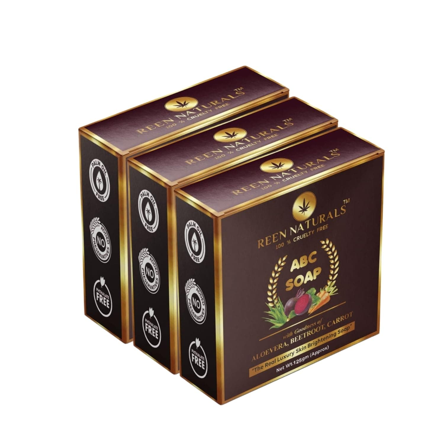 Reen Naturals ABC SOAP | Luxury Skin Brightening Soap | 100% Natural Aloe Vera, Beetroot & Carrot Extracts with Rich Butter and Rose Essential oil | Handmade Soap 125gm (3X 125gm)