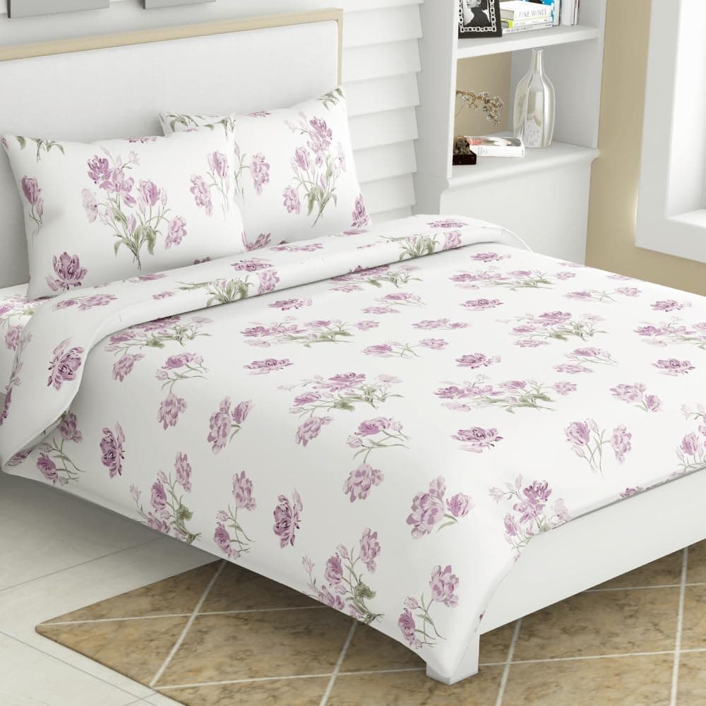 haus & kinder Double Bed Floral Bedsheet with 2 Pillow Covers| 90x100 Inches |186 TC Queen Size Cotton Bed Sheet Breathable | Soft | Lilac Dream